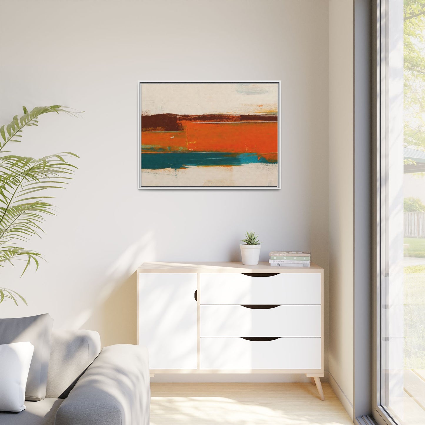 Abstract Horizon Matte Canvas Framed Print — Modern Orange Teal Wall Art