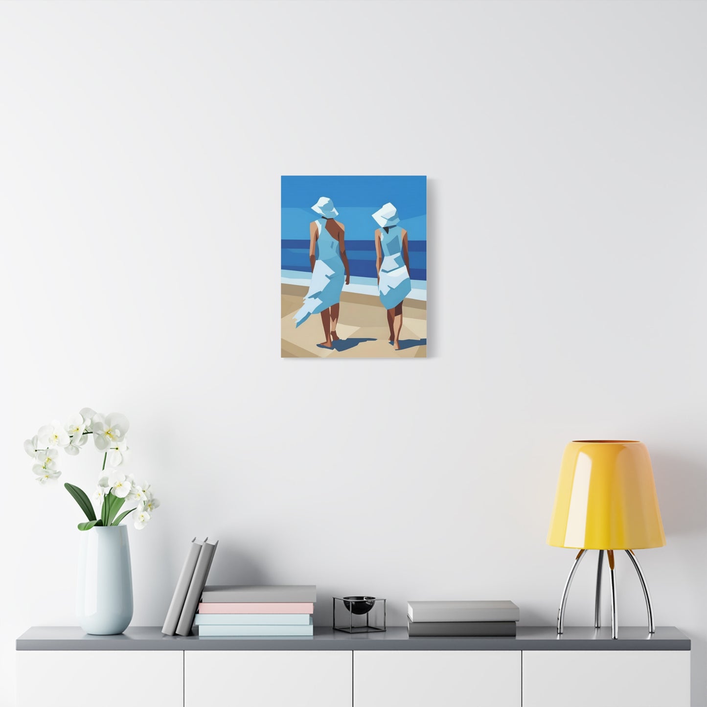 Beach Stroll Canvas Print — Two Women in Blue Sun Hats Matte Stretched