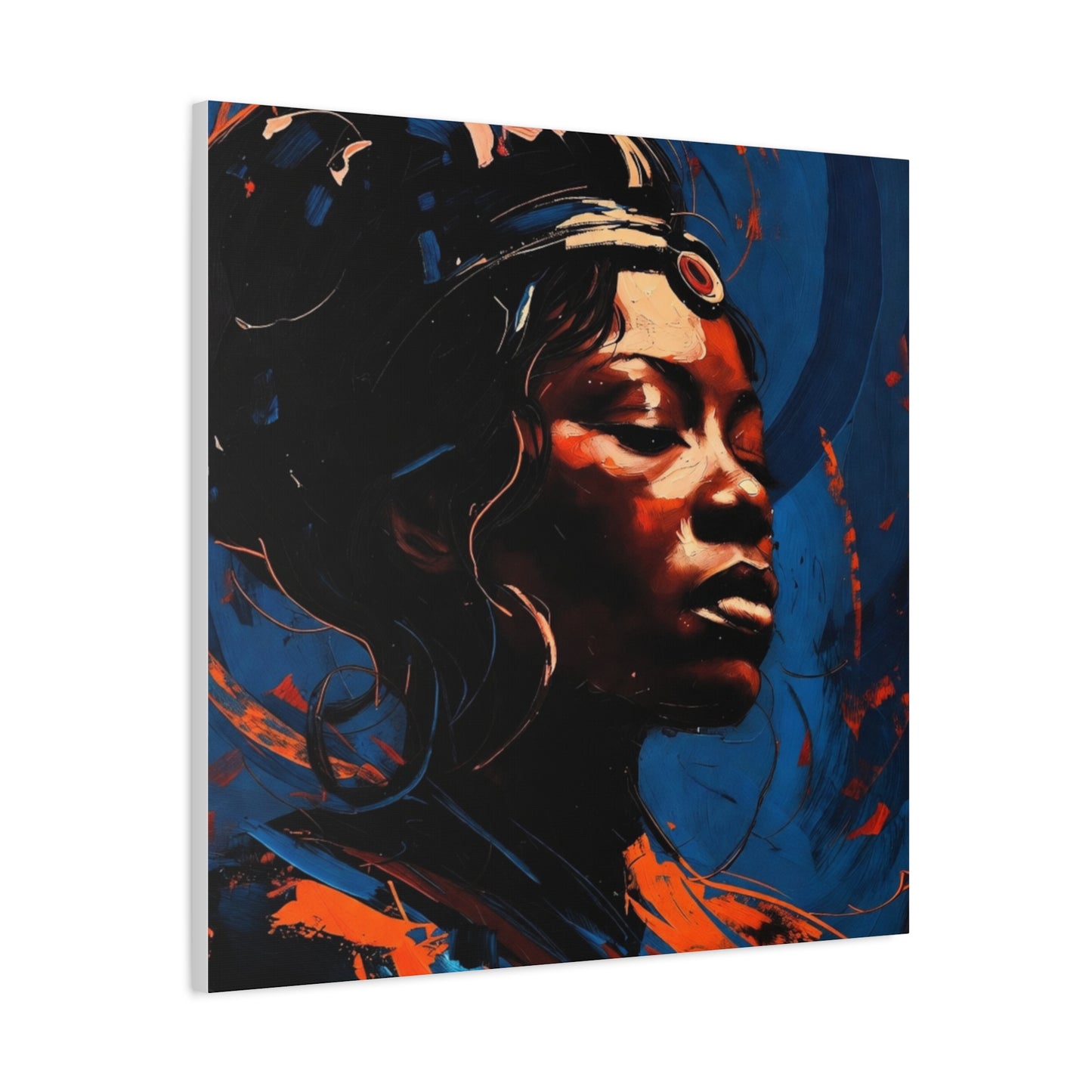 Regal Afrocentric Portrait Matte Canvas Art – Vibrant Blue & Orange Stretched Wall Decor