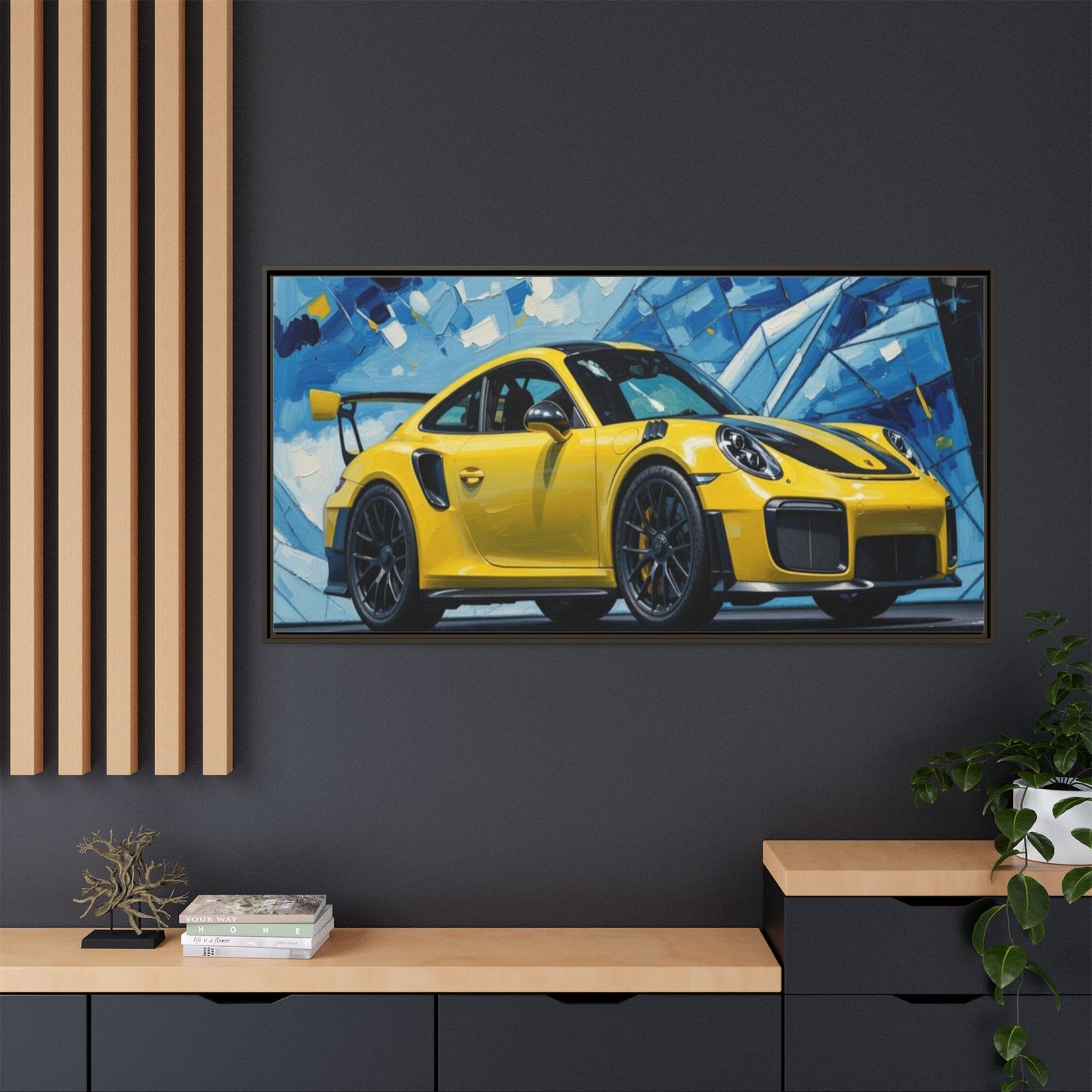 Yellow Porsche Sports Car Matte Framed Canvas – Modern Automotive Wall Art