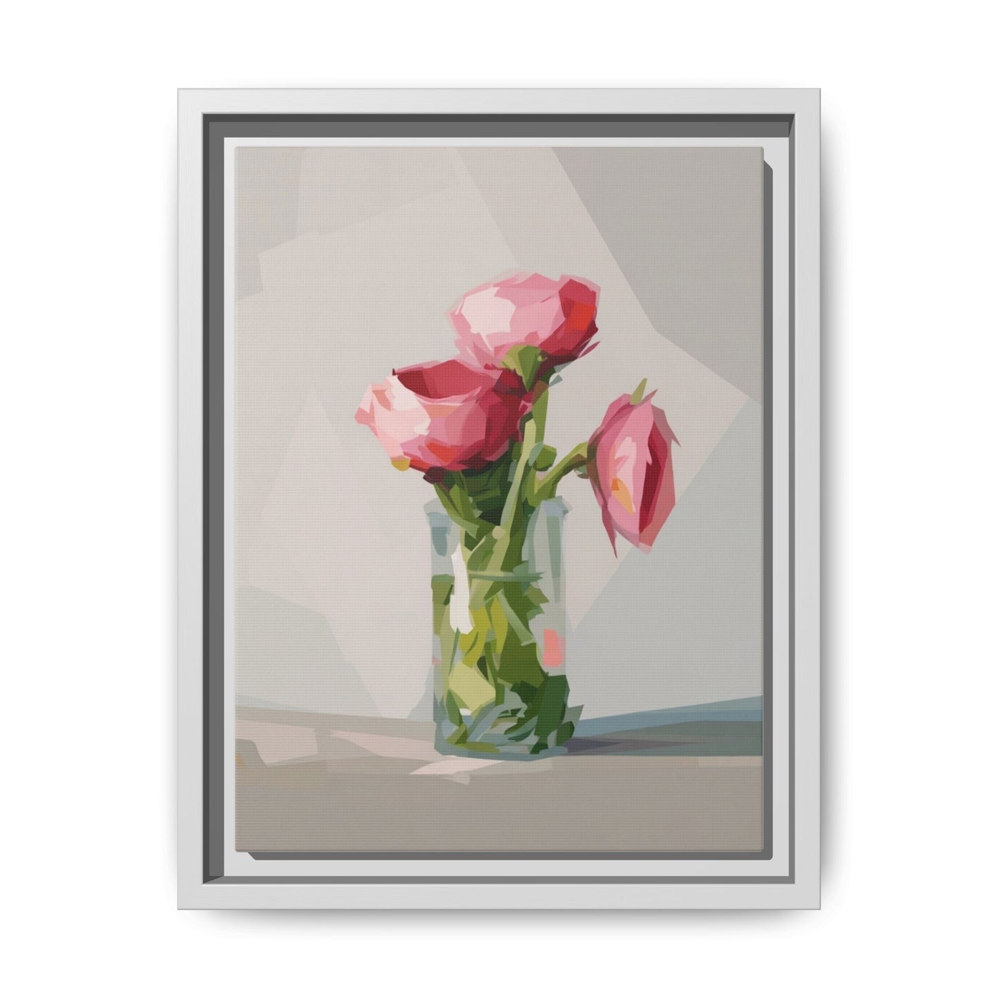 Framed Canvas Art — Pink Roses in Vase, Modern Floral Wall Print
