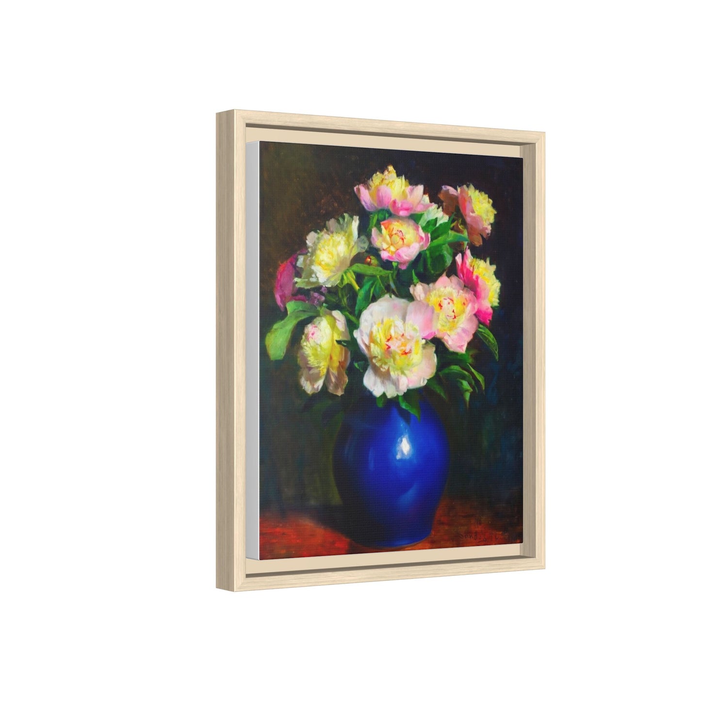 Framed Matte Canvas Wall Art — Vintage Floral Bouquet in Blue Vase