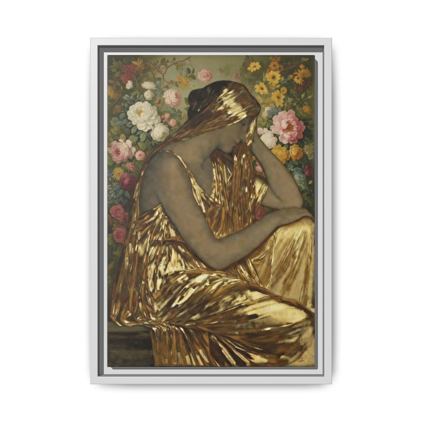 Framed Canvas Art Print — Golden Muse Woman with Floral Background