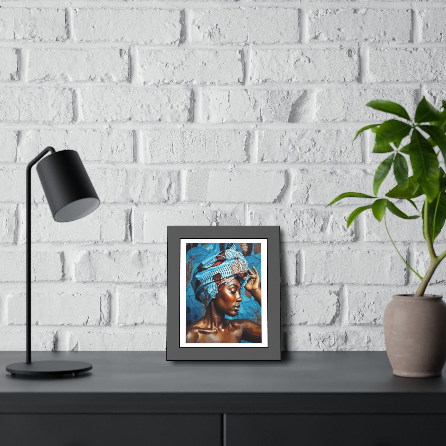 Framed Art Print — Portrait of Woman with Blue Headwrap (Gallery Wall Decor)