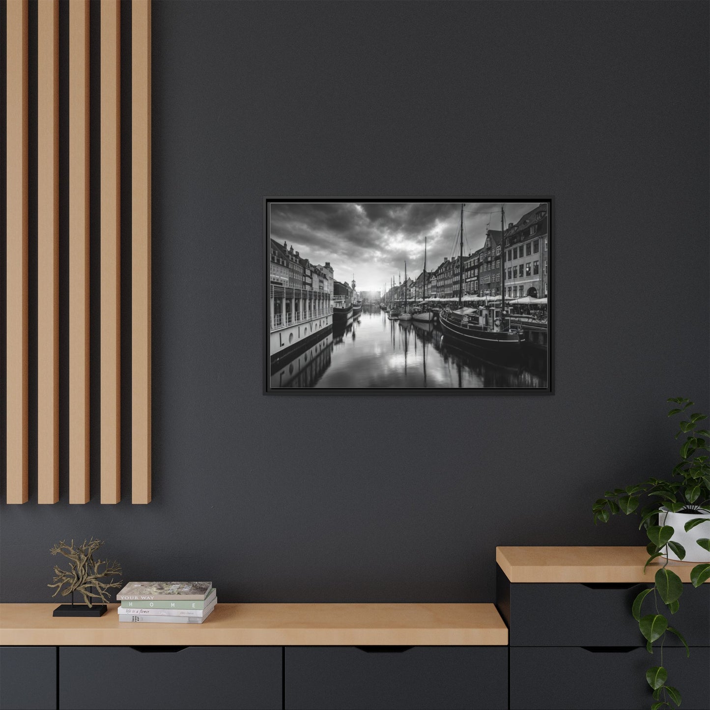 Framed Matte Canvas: Black & White Dutch Canal Photography Wall Art