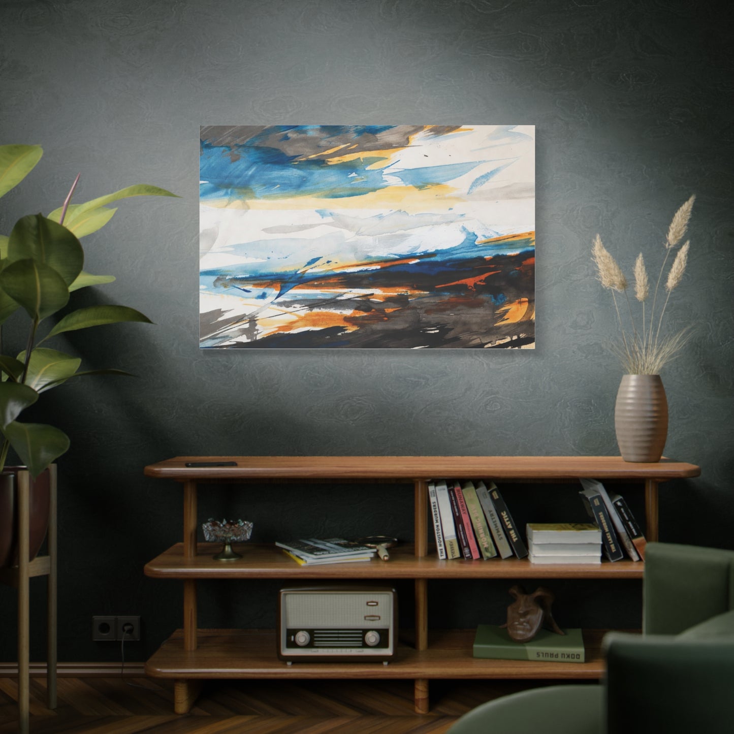 Abstract Oceanic Canvas Print — Blue & Amber Stretched Wall Art