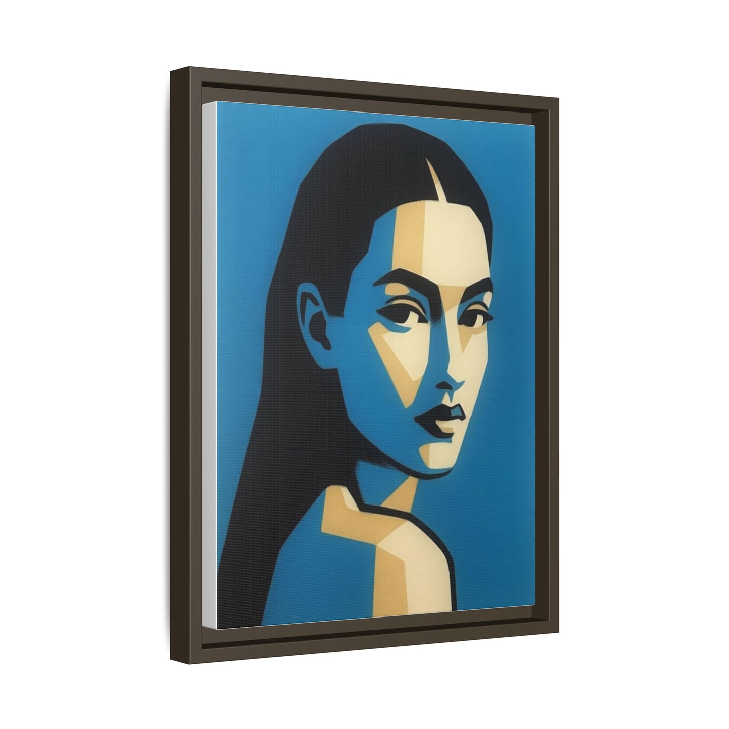 Framed Pop Art Portrait Canvas — Blue Geometric Woman Print