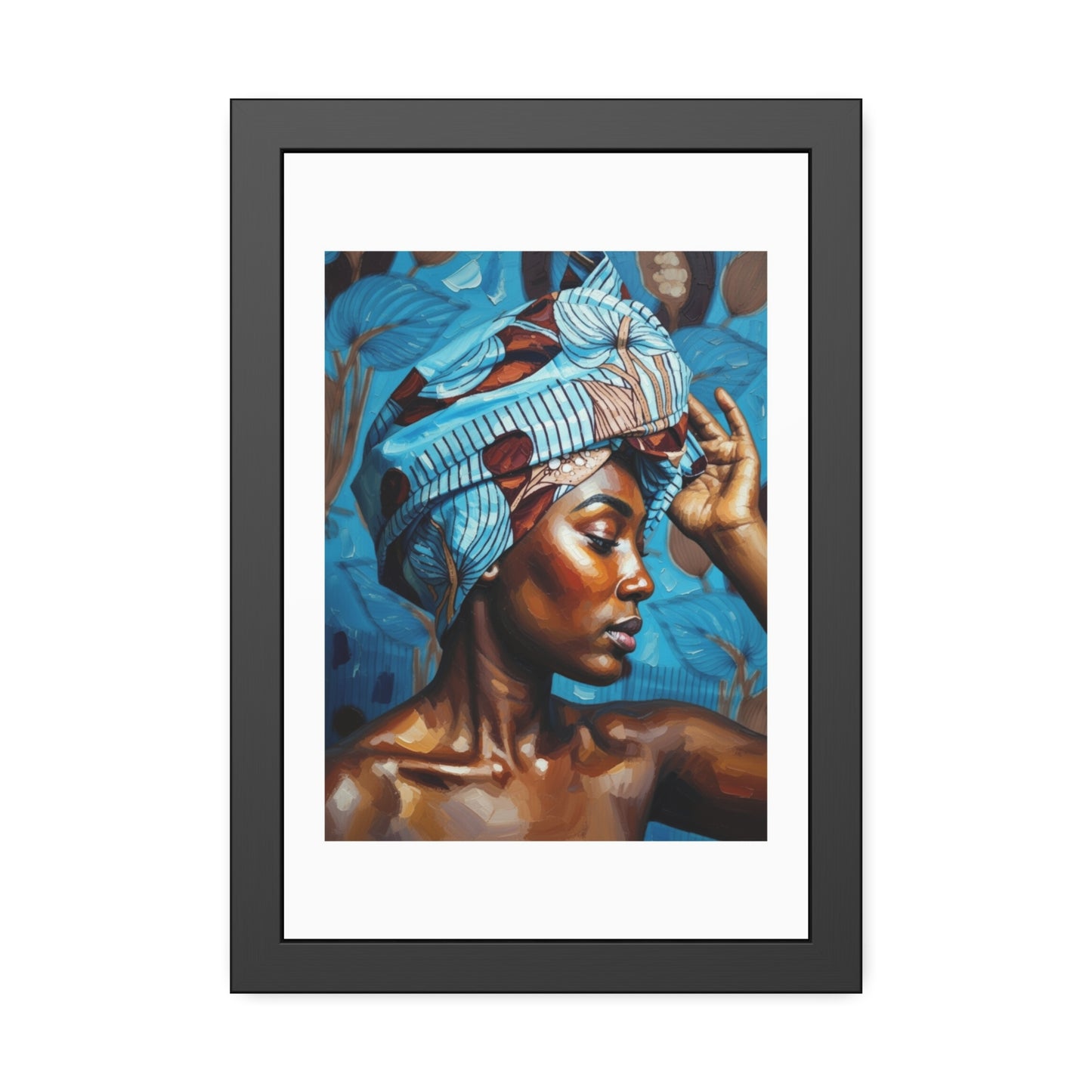 Framed Art Print — Portrait of Woman with Blue Headwrap (Gallery Wall Decor)