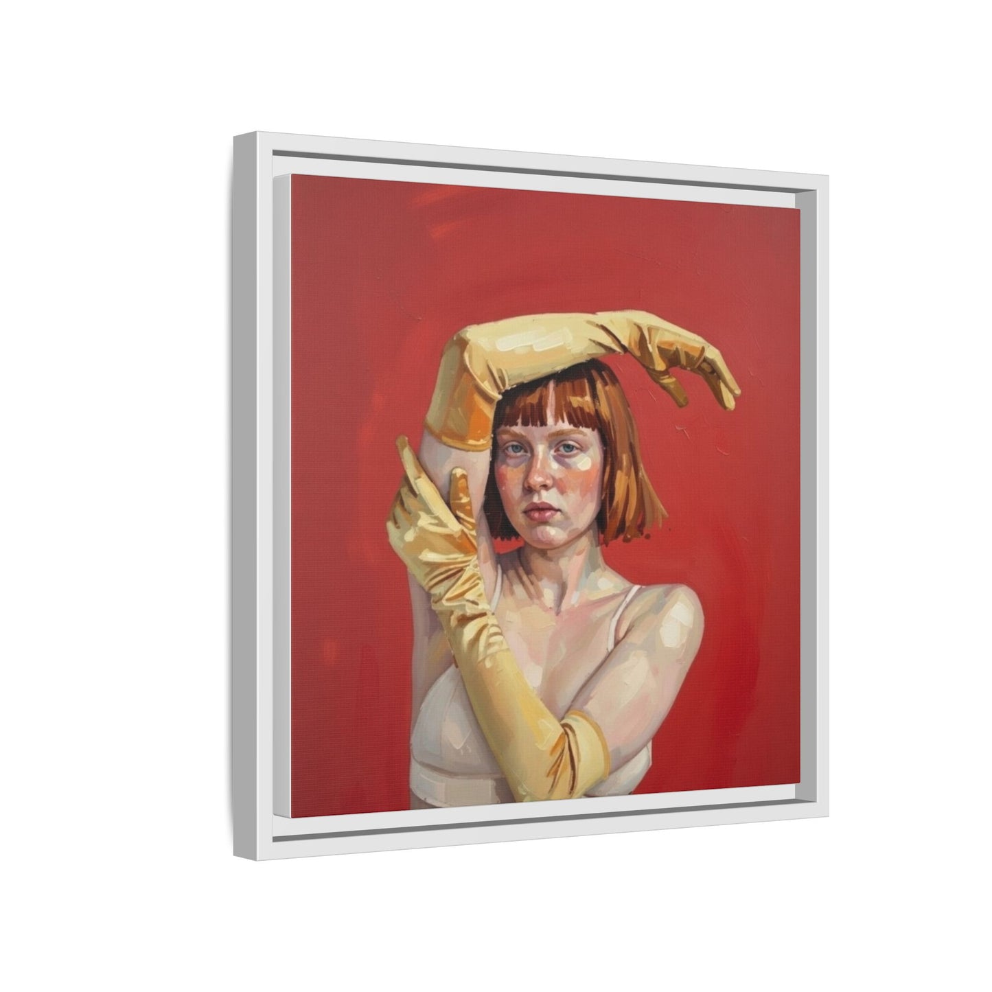 Framed Matte Canvas Art - Portrait of Woman in Yellow Gloves (Red Background)
