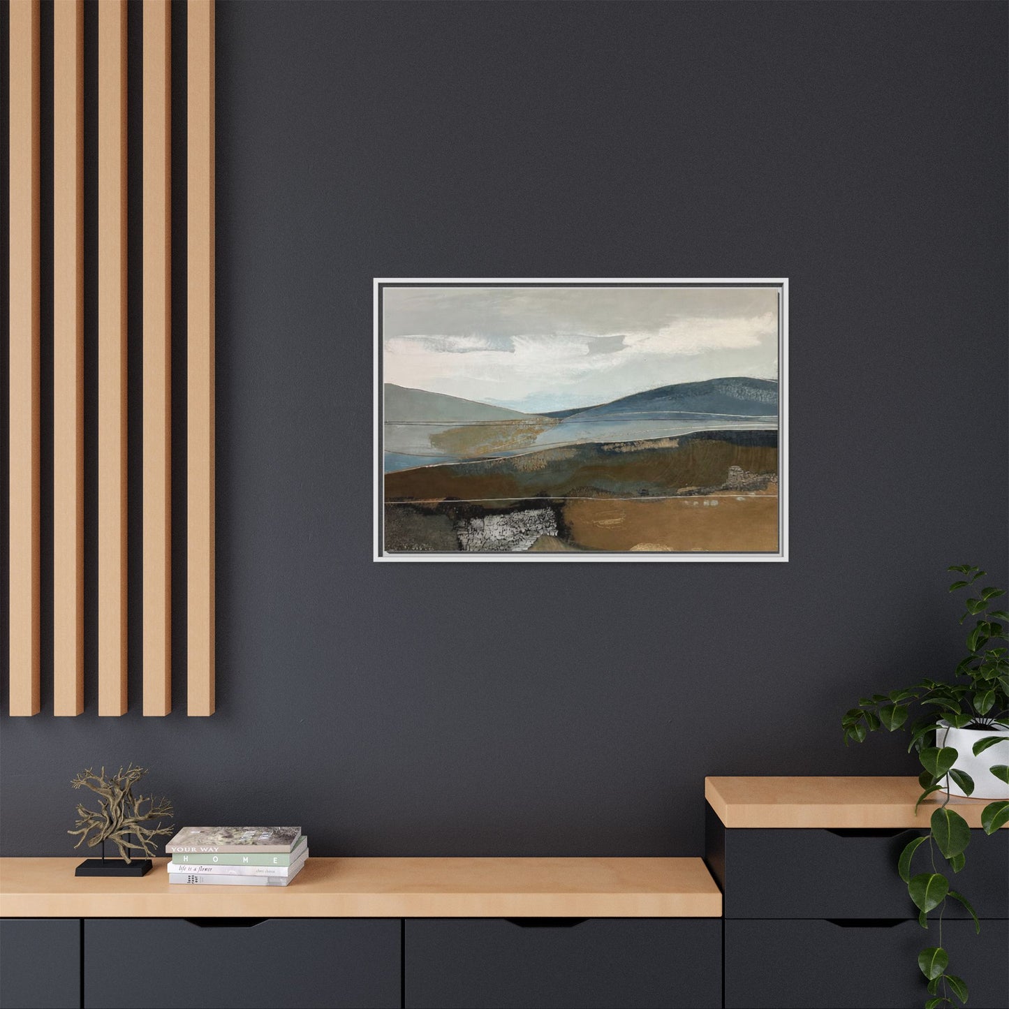 Framed Matte Canvas Landscape Art - Serene Abstract Hills in Blue & Earth Tones