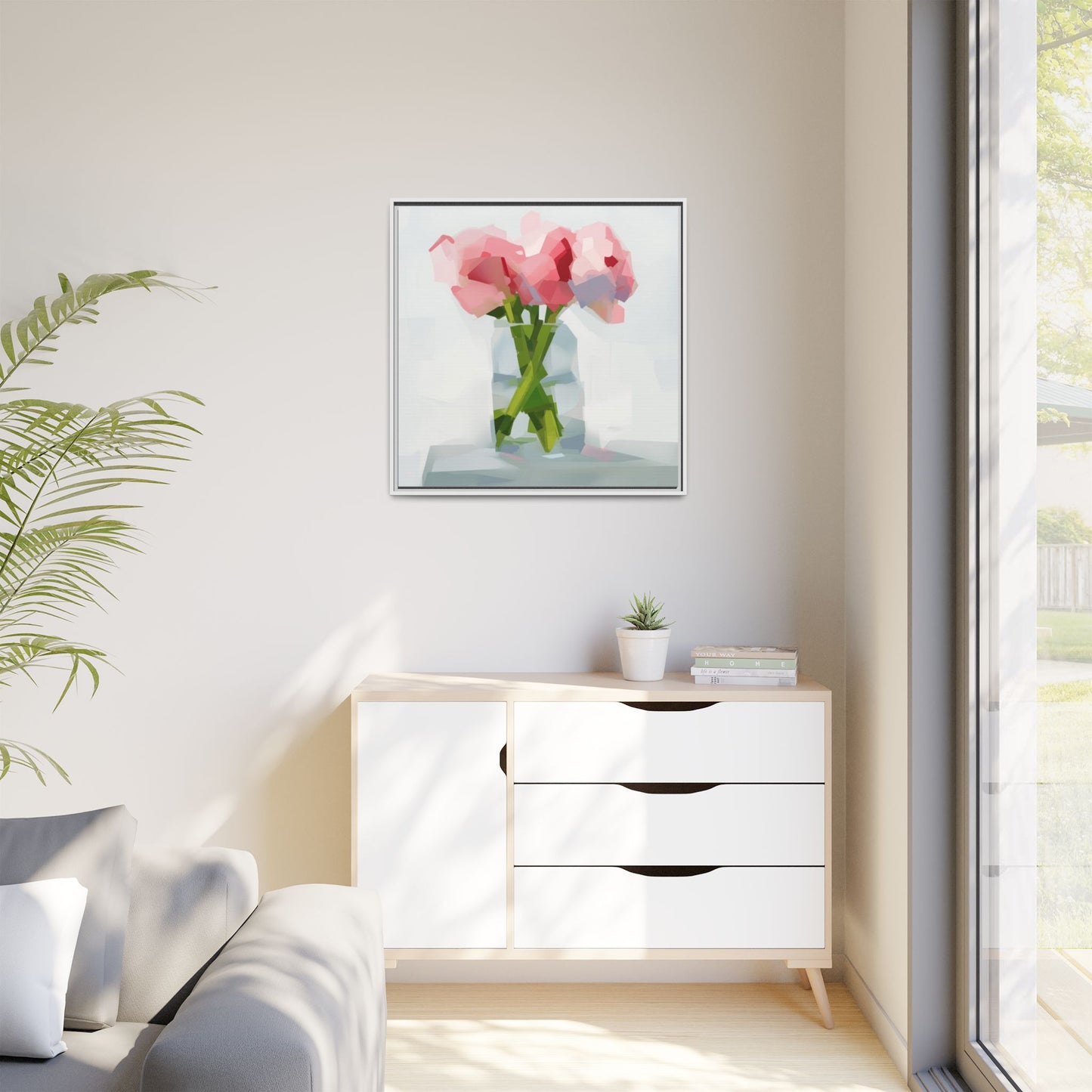 Framed Floral Canvas Art — Pink Peonies in Vase (Matte)