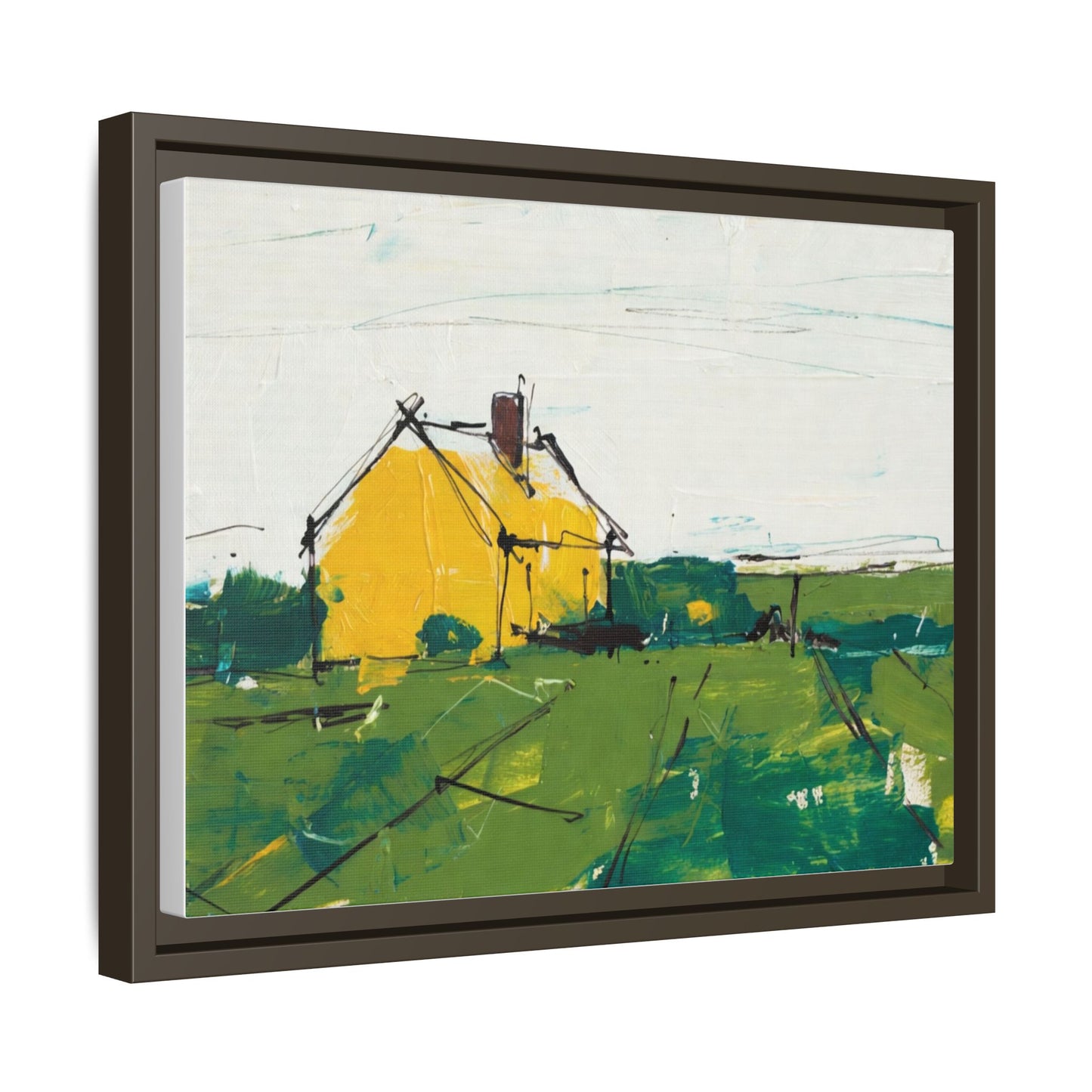 Yellow Cottage Landscape Framed Canvas Print
