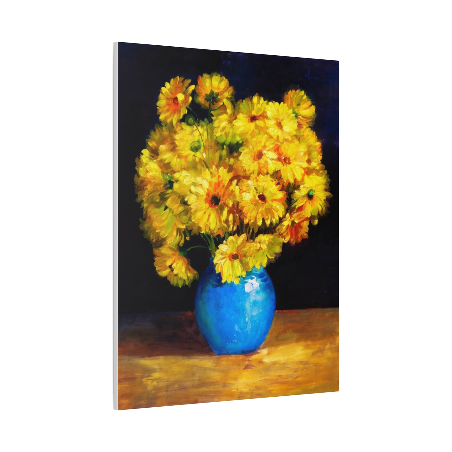 Yellow Chrysanthemum Canvas Wall Art — Blue Vase Floral Painting (Stretched Matte)