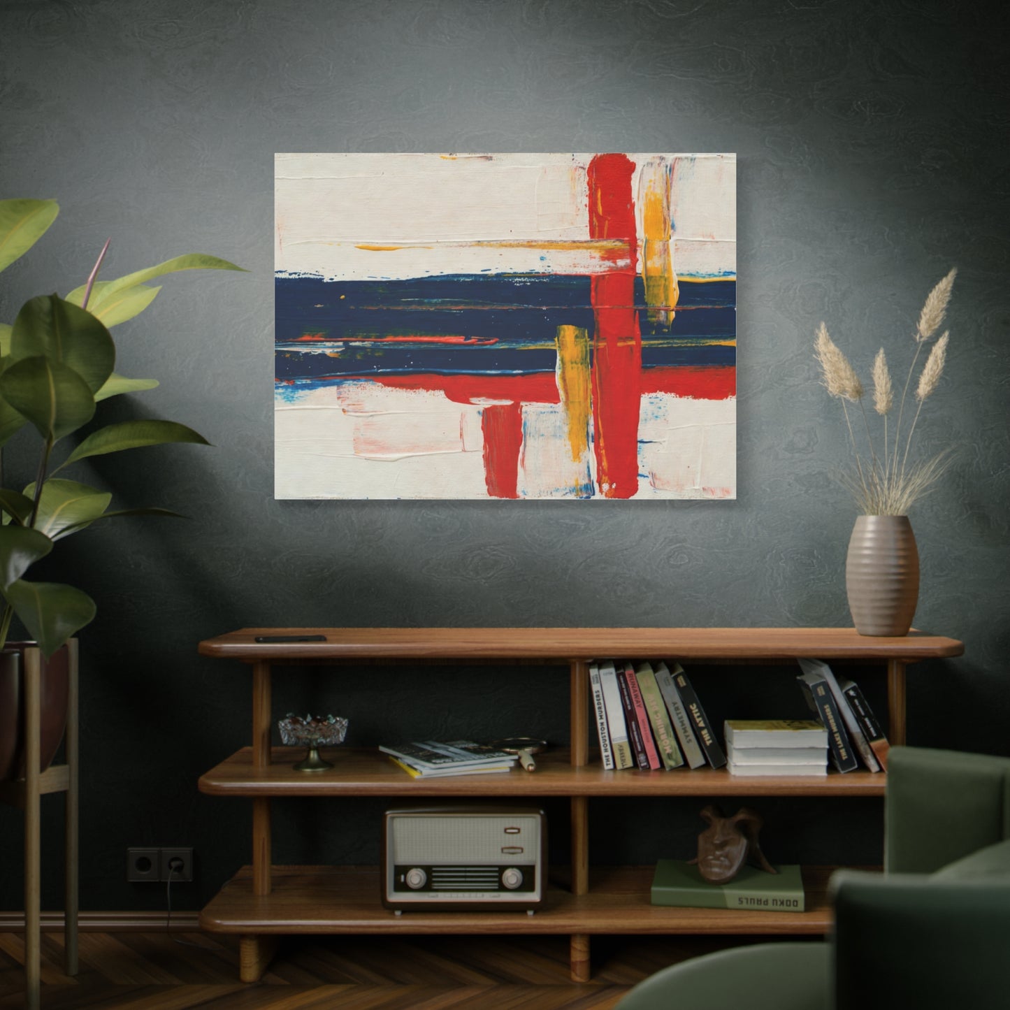 Abstract Modern Canvas Art Print — Red, Navy & Gold Stretched Matte Canvas