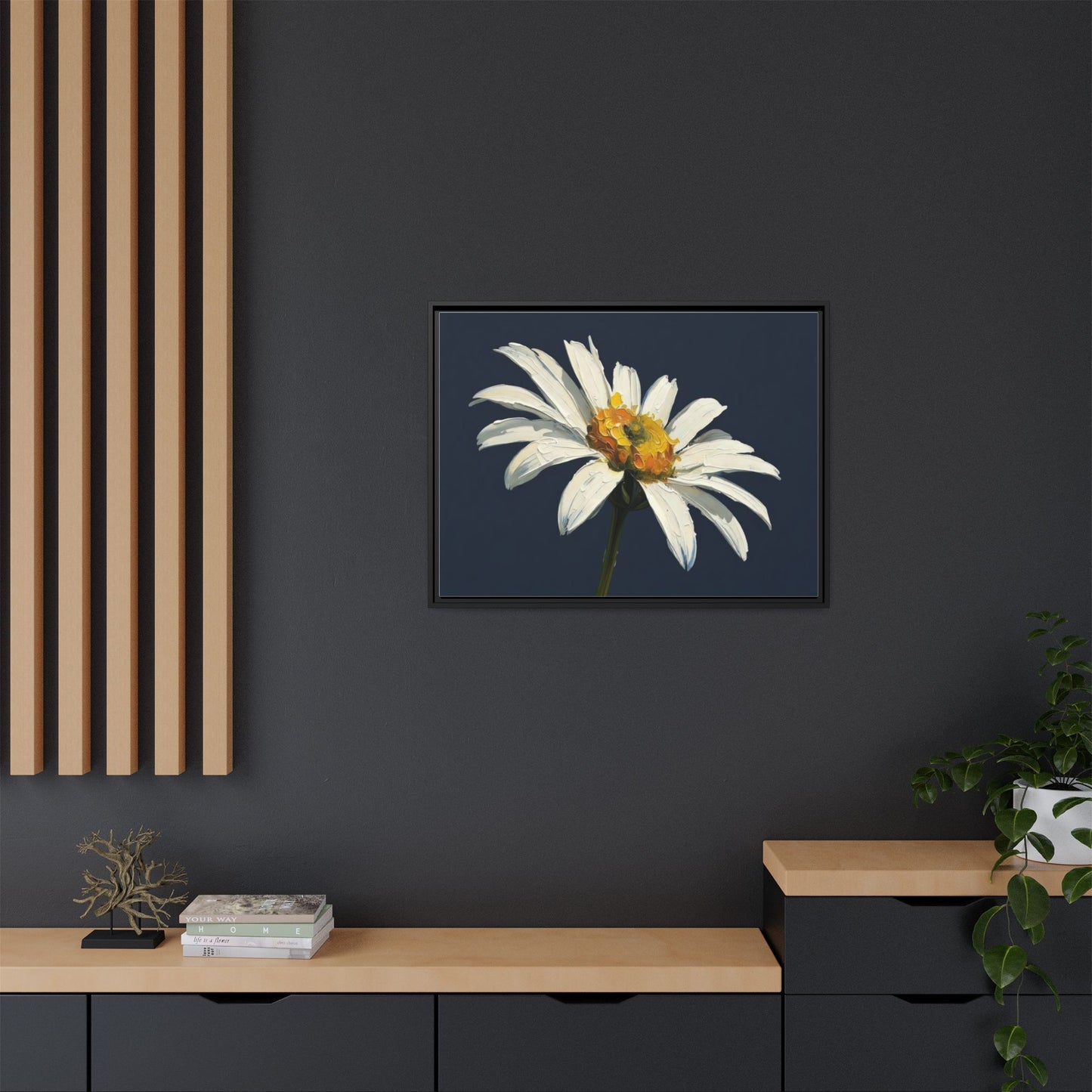 Framed Matte Canvas Daisy Wall Art — White Floral Painting on Navy