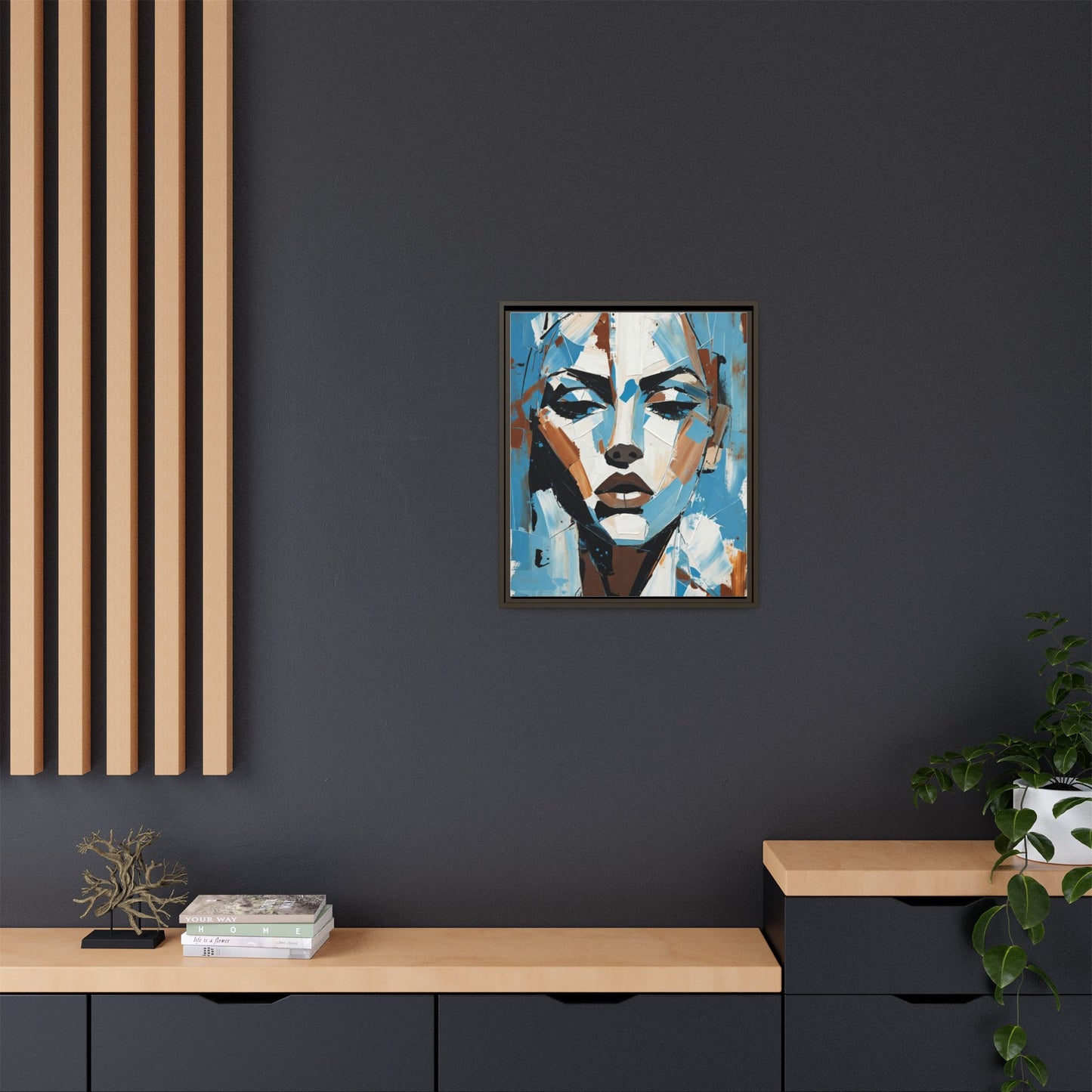 Abstract Blue Face Matte Canvas Wall Art — Framed Modern Portrait Print