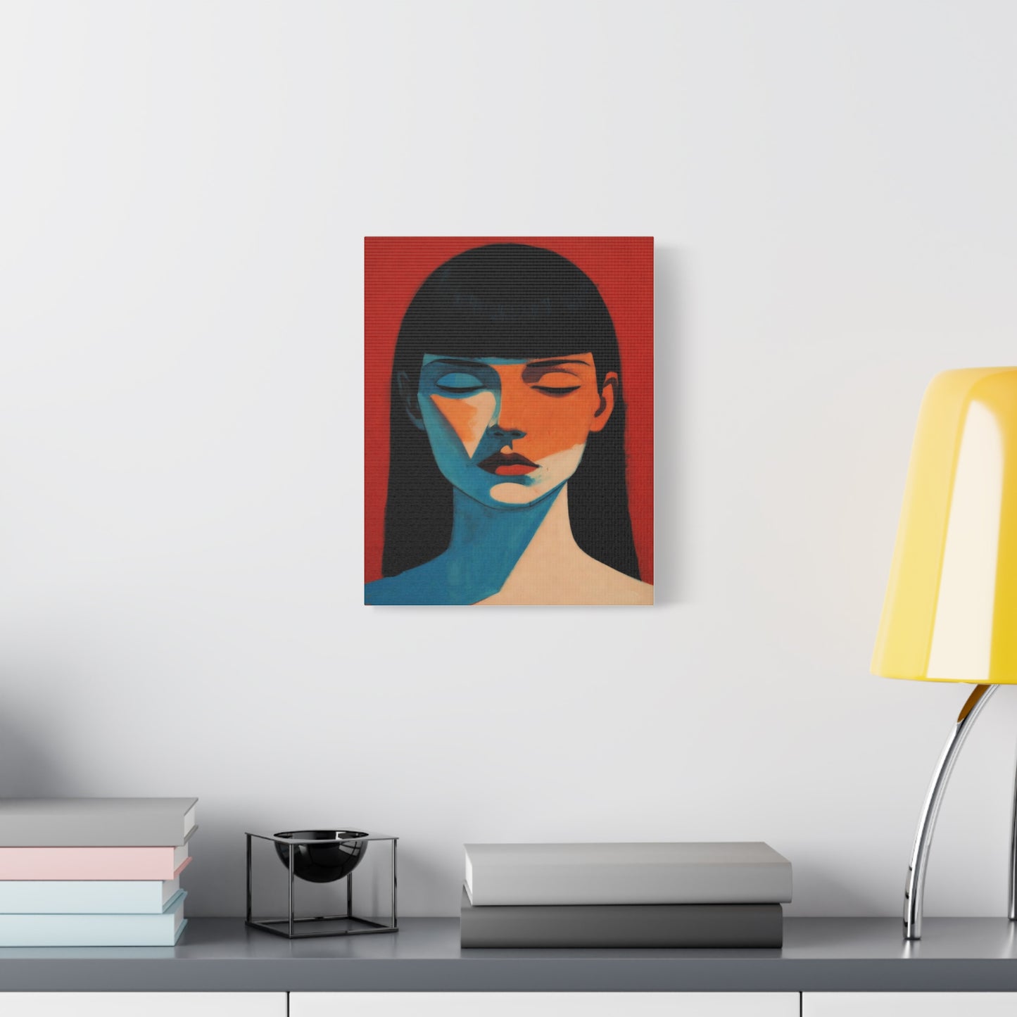 Portrait Canvas Wall Art — Modern Minimalist Woman in Red & Blue