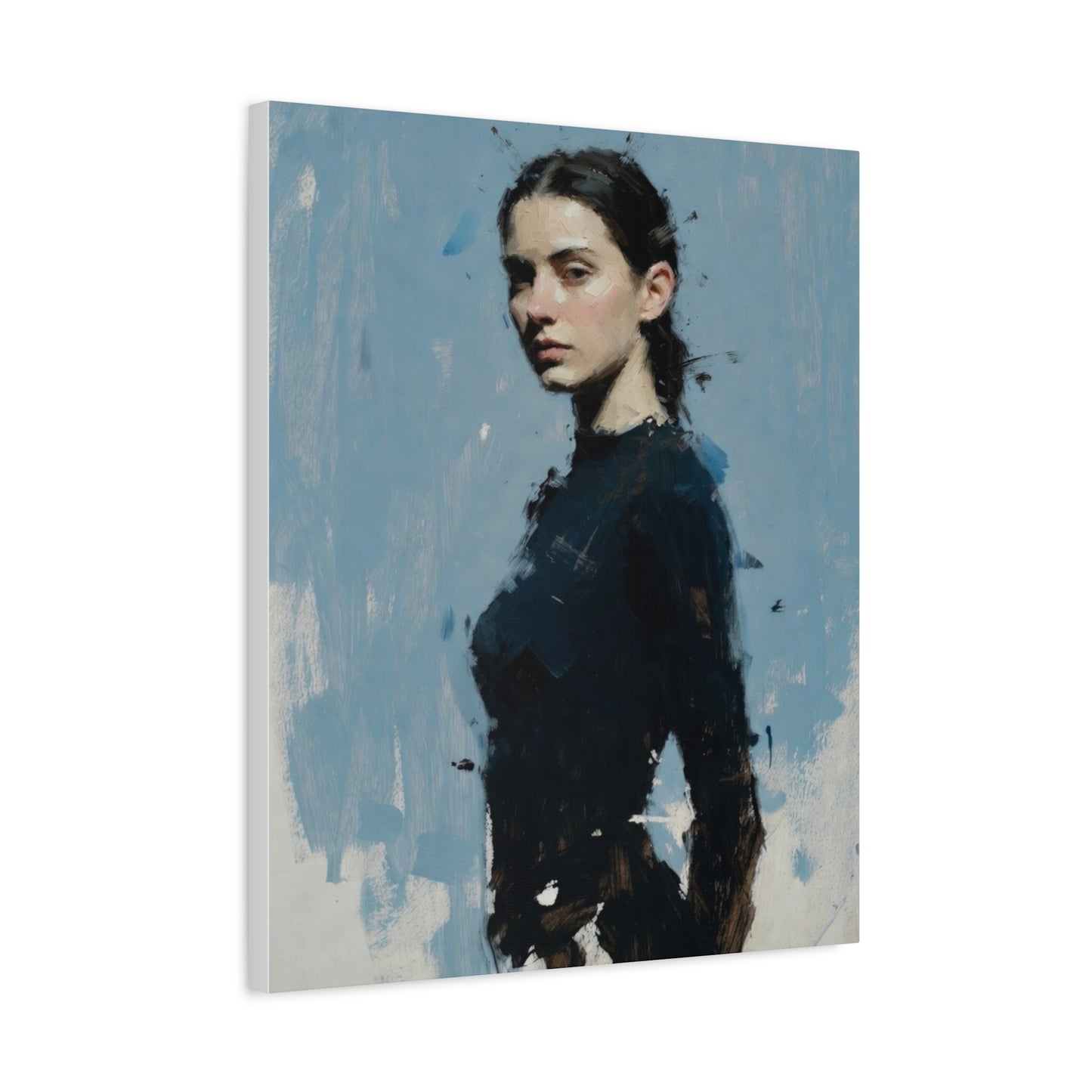 Matte Stretched Canvas Print — Portrait of a Young Woman, Moody Blue Figurative Art