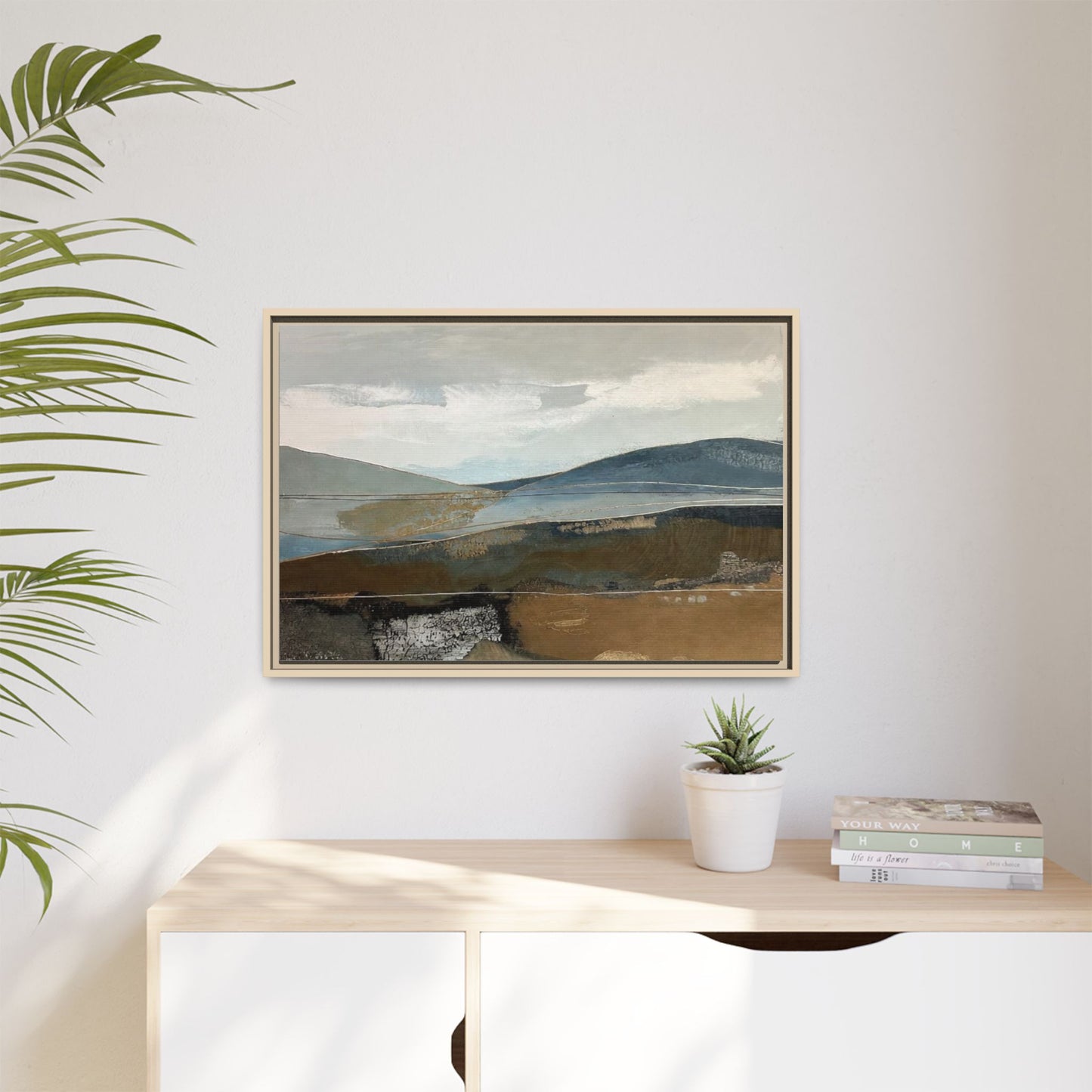 Framed Matte Canvas Landscape Art - Serene Abstract Hills in Blue & Earth Tones