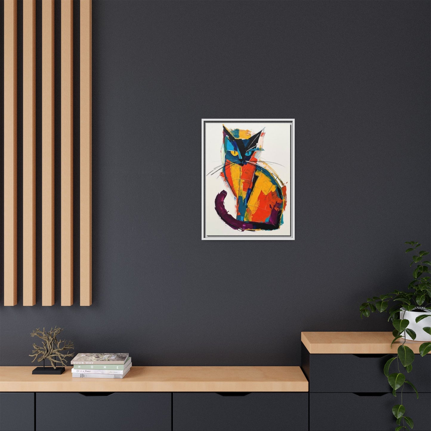 Colorful Abstract Cat Framed Canvas — Modern Matte Wall Art