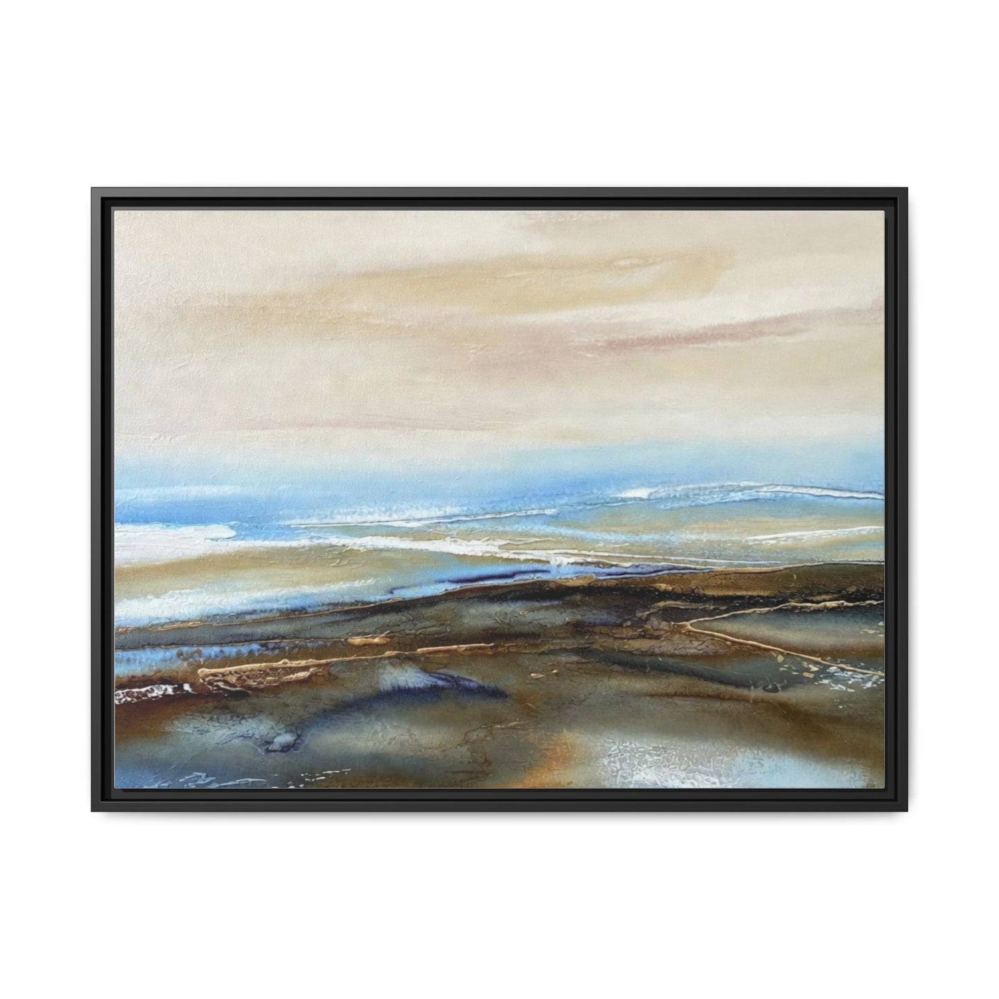 Framed Abstract Seascape Matte Canvas — Coastal Blue & Earth Tone Wall Art