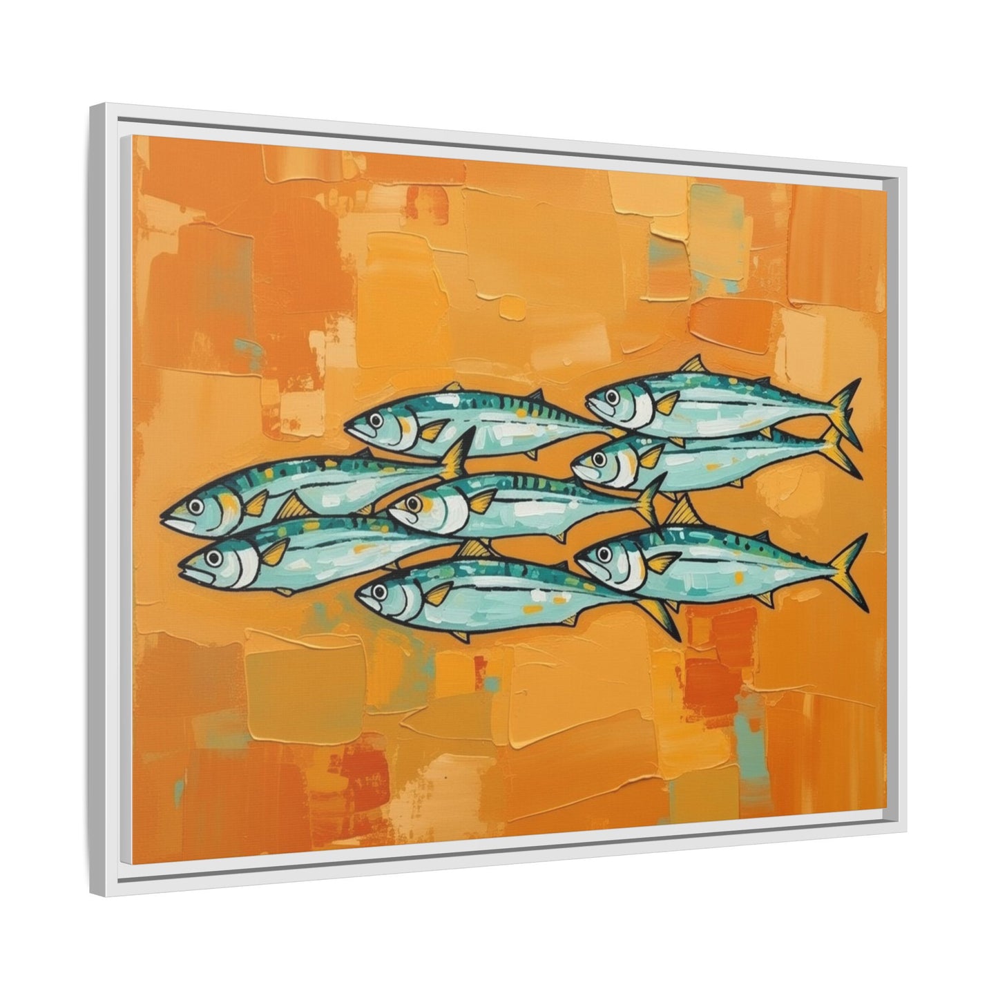 Framed Matte Canvas Print — School of Blue Fish on Orange Abstract Background