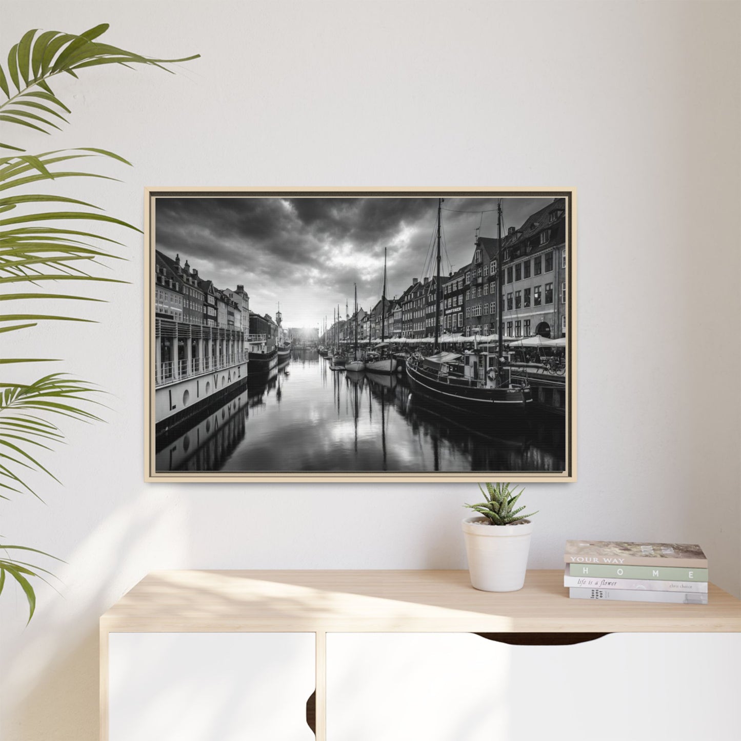 Framed Matte Canvas: Black & White Dutch Canal Photography Wall Art