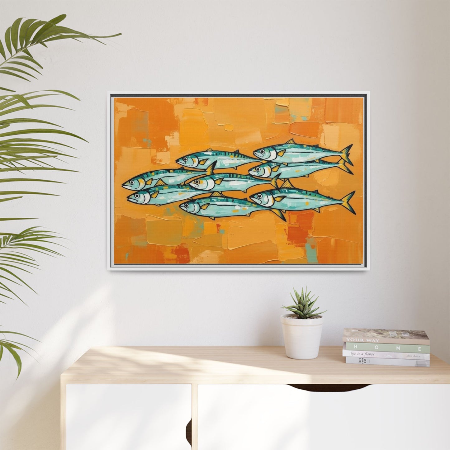 Framed Matte Canvas Print — School of Blue Fish on Orange Abstract Background