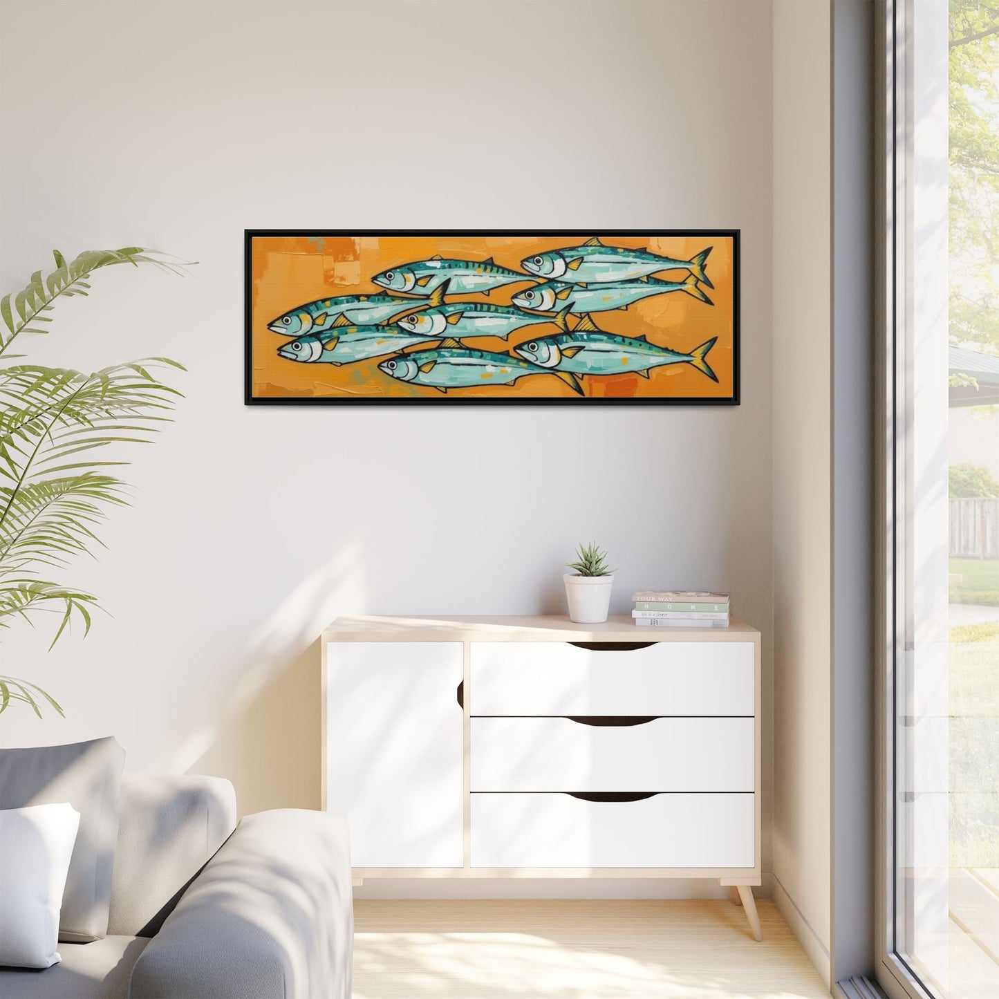 Framed Matte Canvas Print — School of Blue Fish on Orange Abstract Background