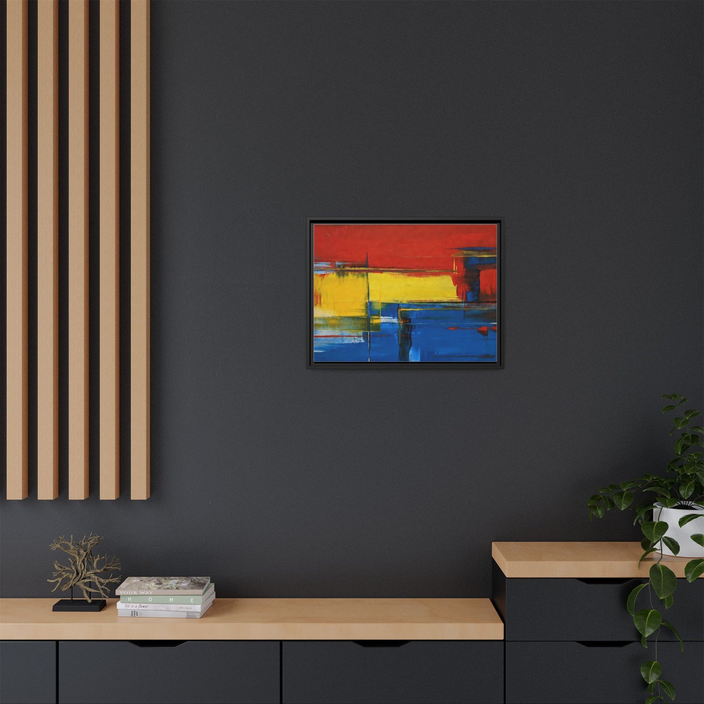 Abstract Color Block Matte Canvas Framed Wall Art — Modern Red Yellow Blue Painting