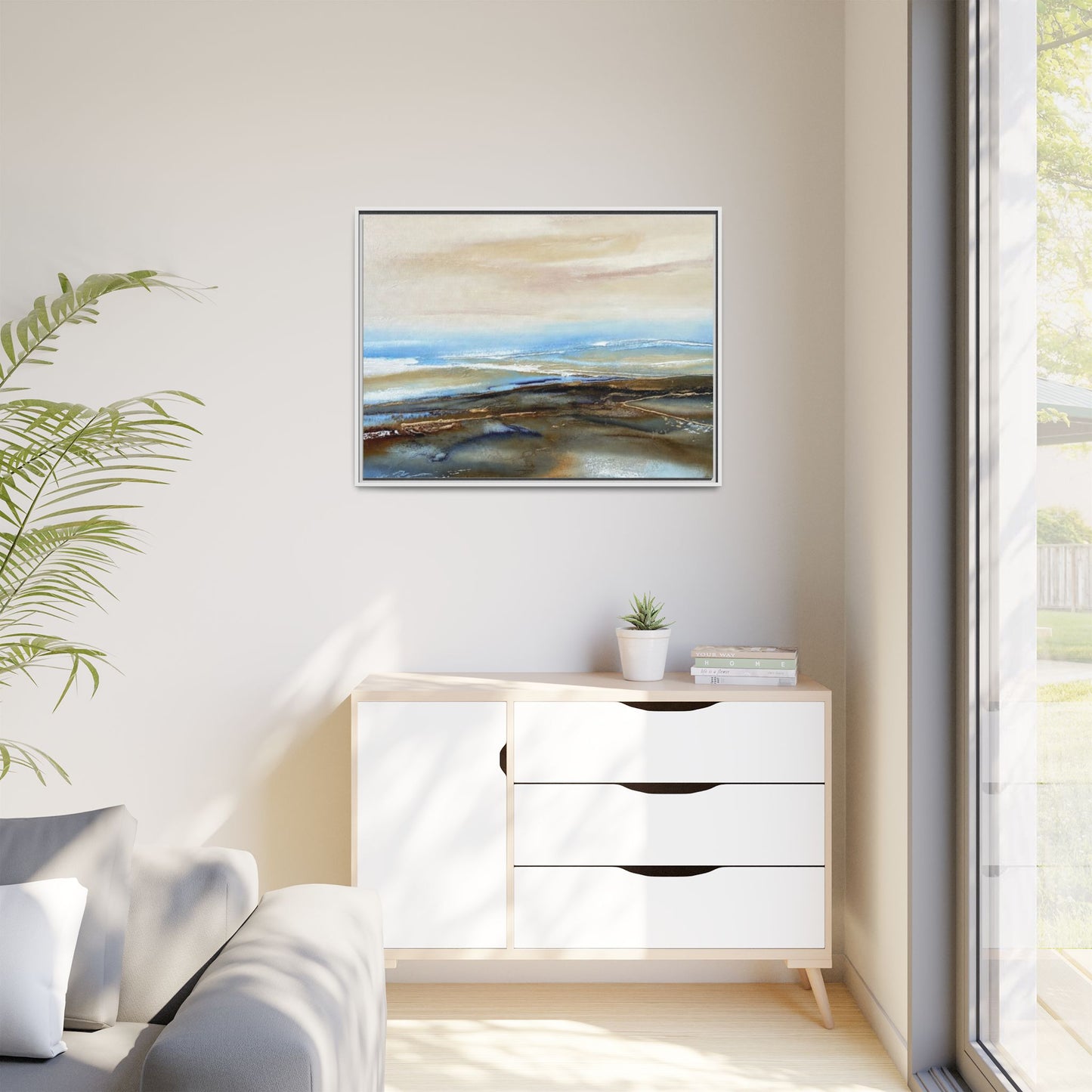 Framed Abstract Seascape Matte Canvas — Coastal Blue & Earth Tone Wall Art