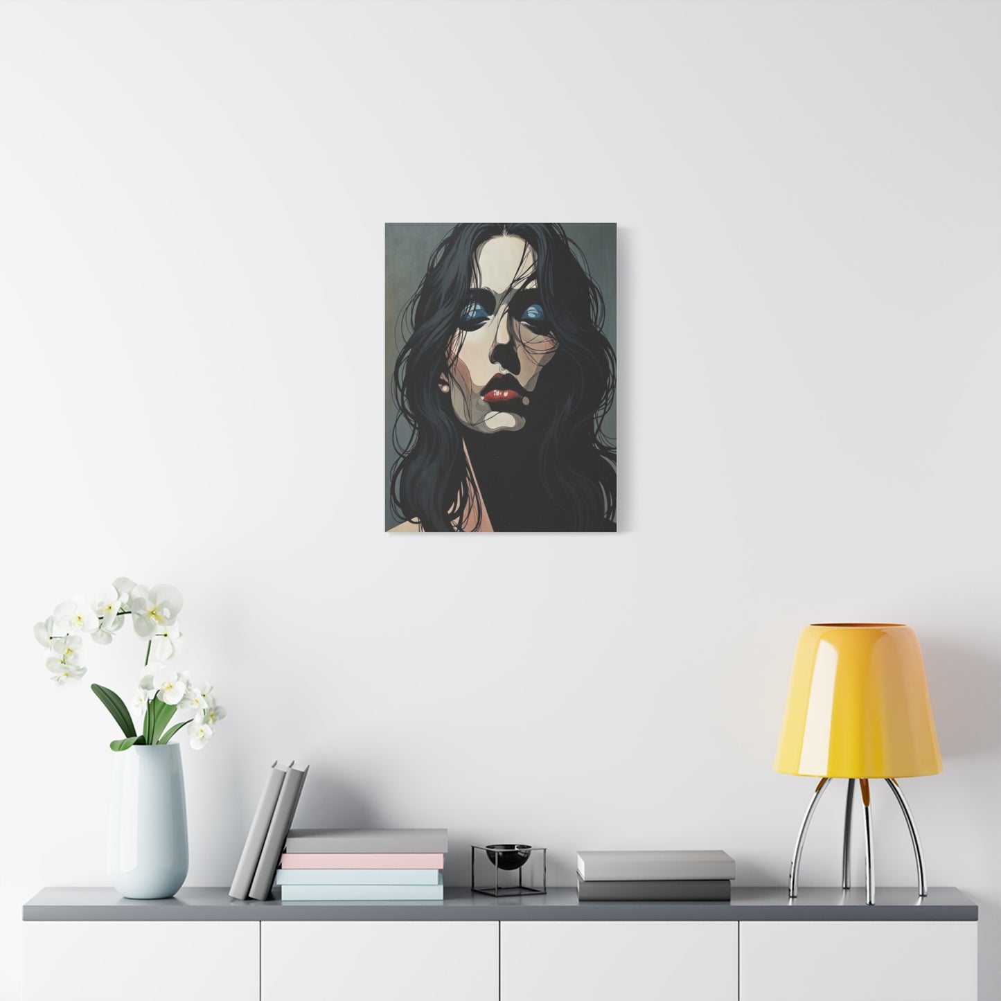 Dark Glam Portrait Canvas Art — Moody Woman Face Matte Stretched Wall Decor