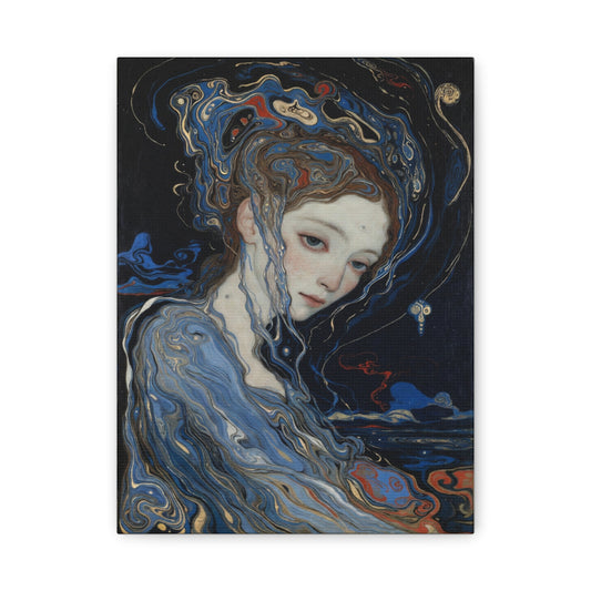 Ethereal Siren Matte Canvas Wall Art — Surreal Blue Portrait, Stretched 1.25"