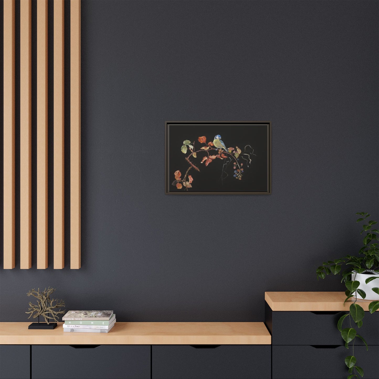 Framed Matte Canvas - Blue Tit on Autumn Branch Wall Art