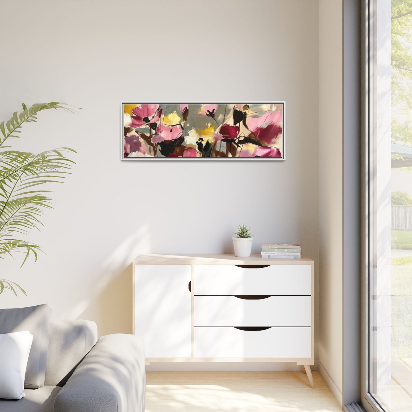 Framed Floral Canvas Wall Art — Abstract Pink & Yellow Flowers