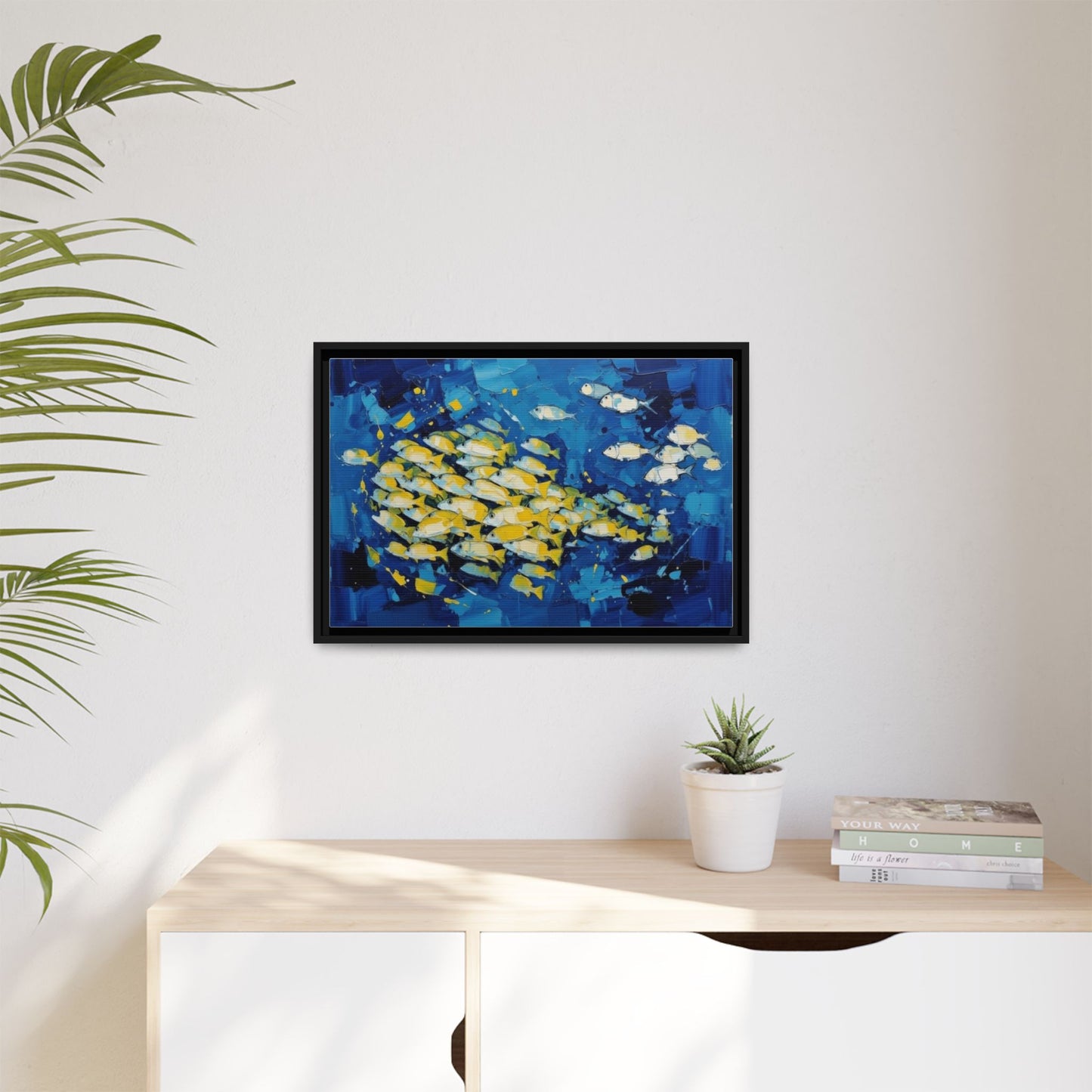 Framed Matte Canvas: Blue School of Fish Wall Art