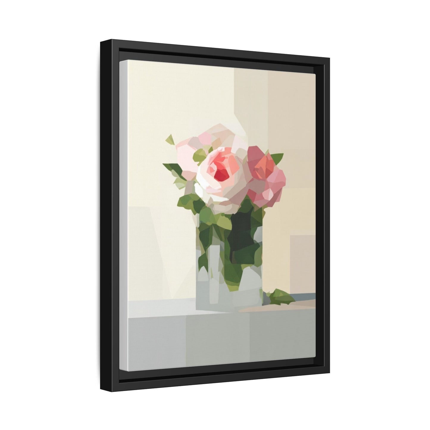 Framed Floral Canvas Print — Geometric Pink Rose Wall Art