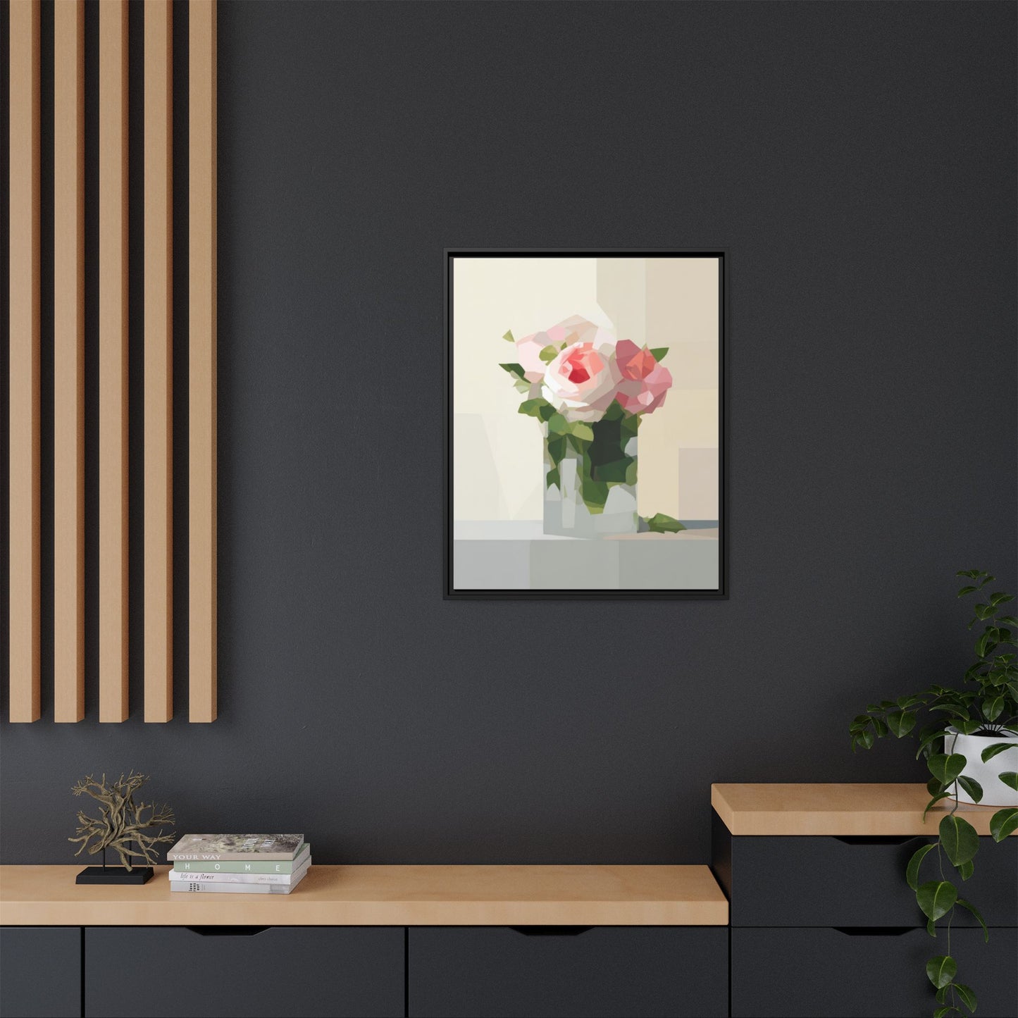 Framed Floral Canvas Print — Geometric Pink Rose Wall Art