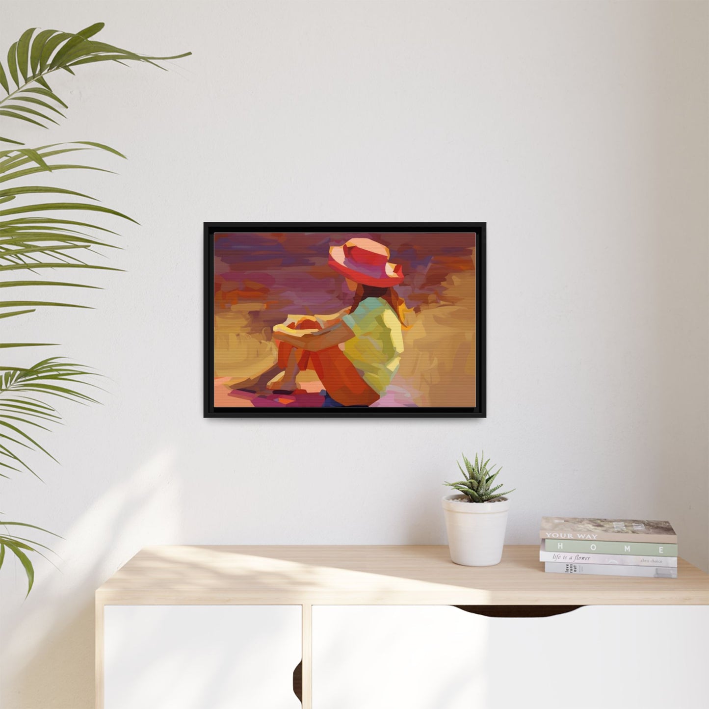 Framed Matte Canvas — Colorful Seated Girl Beach Art