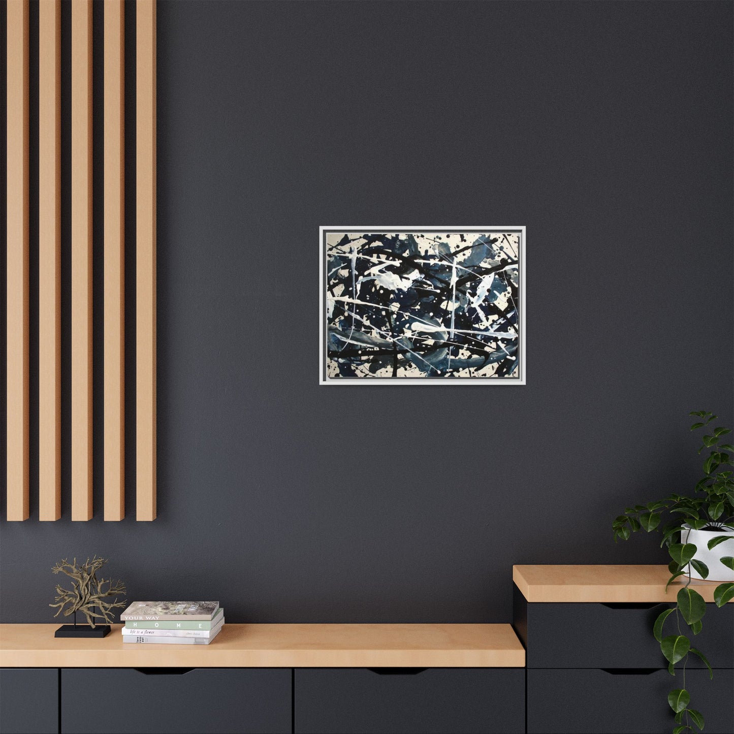 Abstract Splatter Matte Canvas Framed Wall Art — Black & Blue Modern Art Print