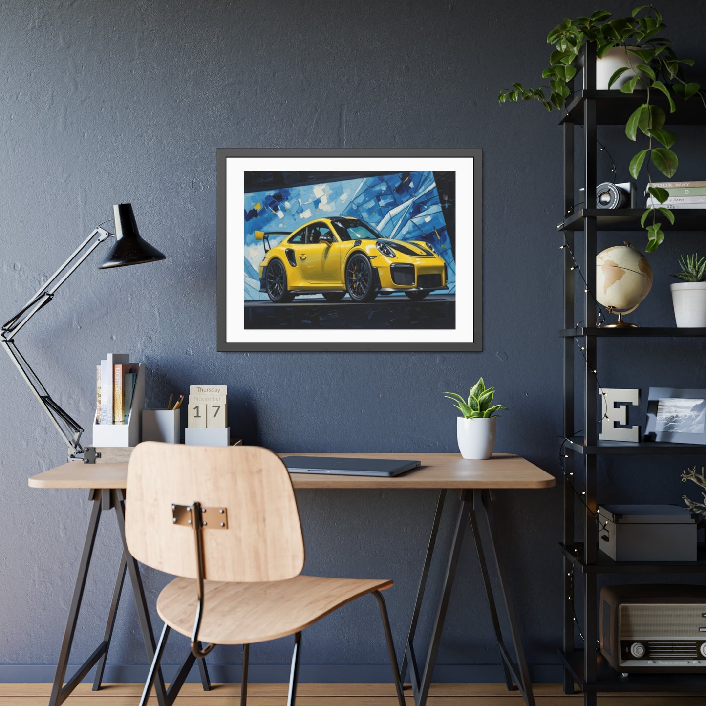 Framed Poster - Yellow Porsche Sports Car Art Print (Modern Automotive Wall Decor)