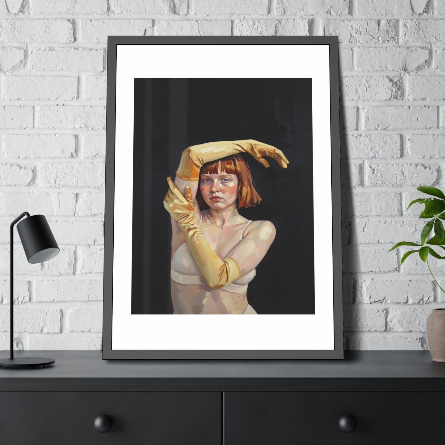 Framed Art Poster — Portrait of Redhead Woman in Yellow Gloves (Gallery Wall Print)