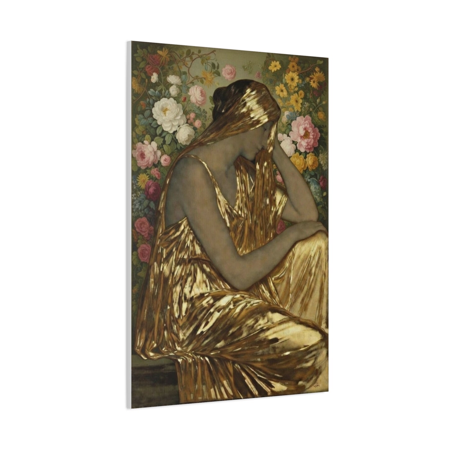 Golden Muse Canvas Print — Woman in Gold Floral Art (Stretched Matte)