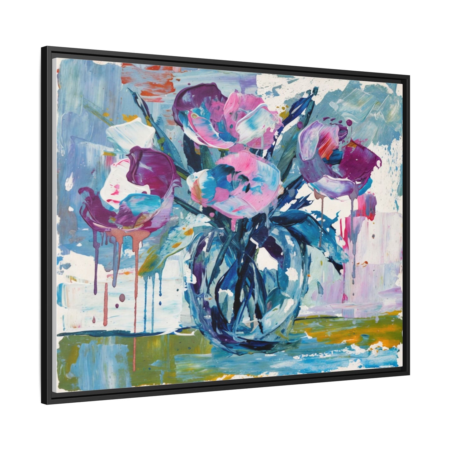 Framed Floral Canvas Art — Abstract Pink & Blue Bouquet