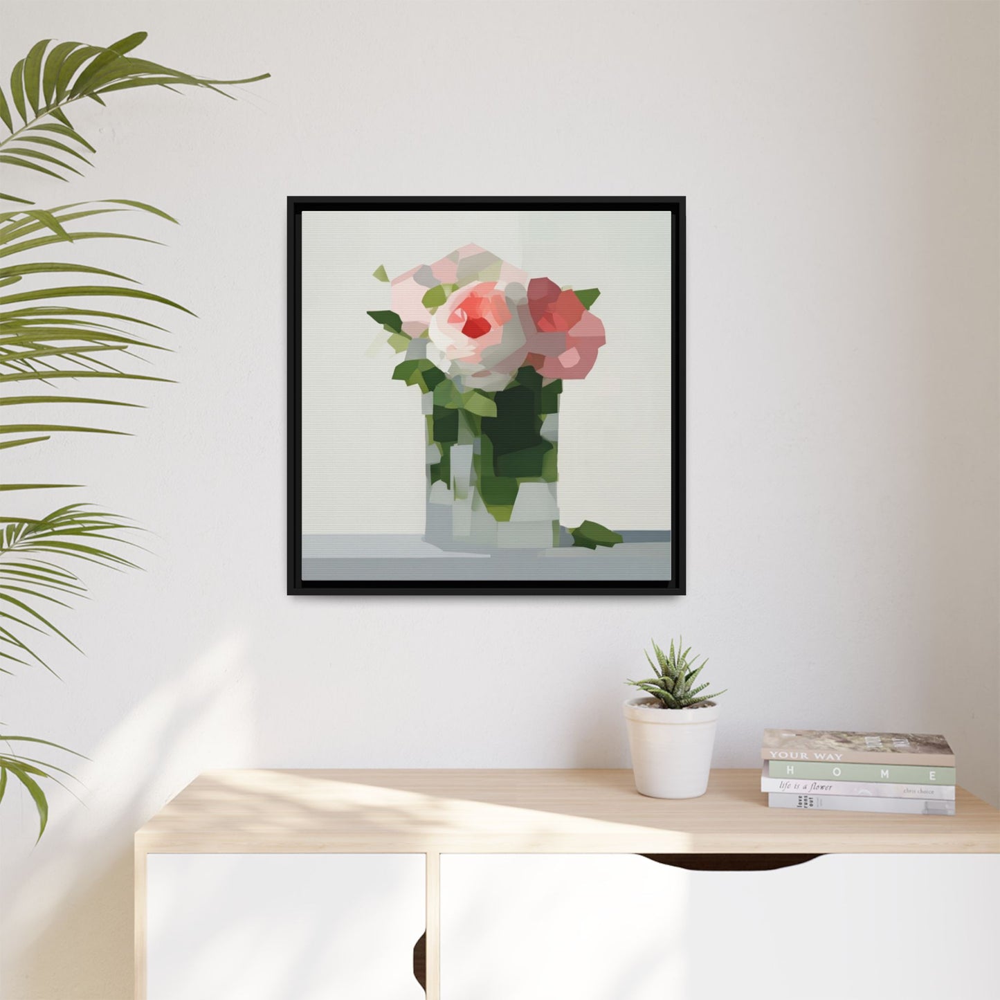 Framed Floral Canvas Print — Modern Pink Roses Still Life