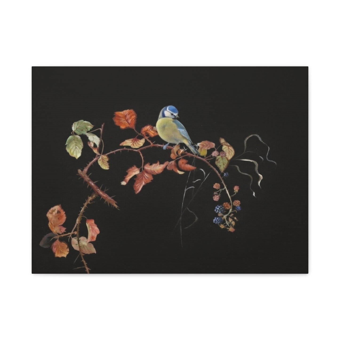 Canvas Wall Art - Blue Tit on Autumn Branch, Stretched Matte Canvas
