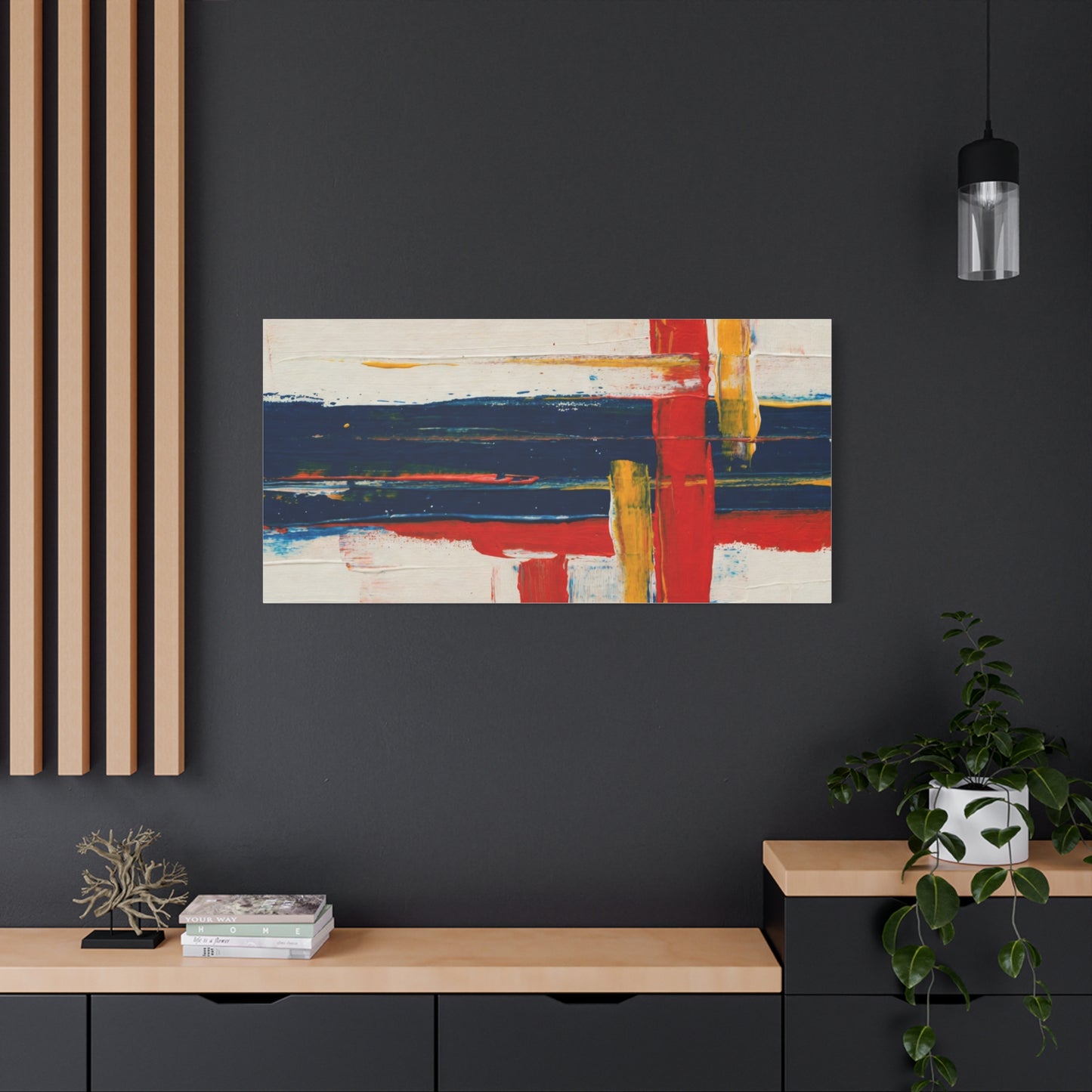 Abstract Modern Canvas Art Print — Red, Navy & Gold Stretched Matte Canvas