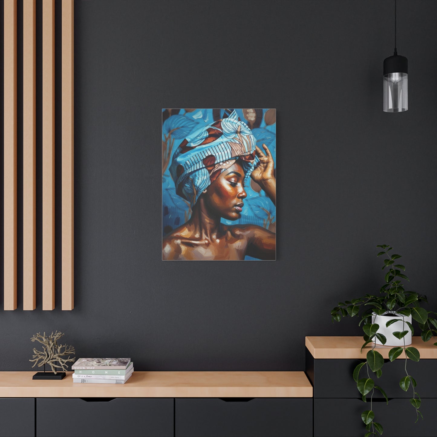 African Woman Portrait Canvas Wall Art - Blue Headwrap Matte Stretched Canvas