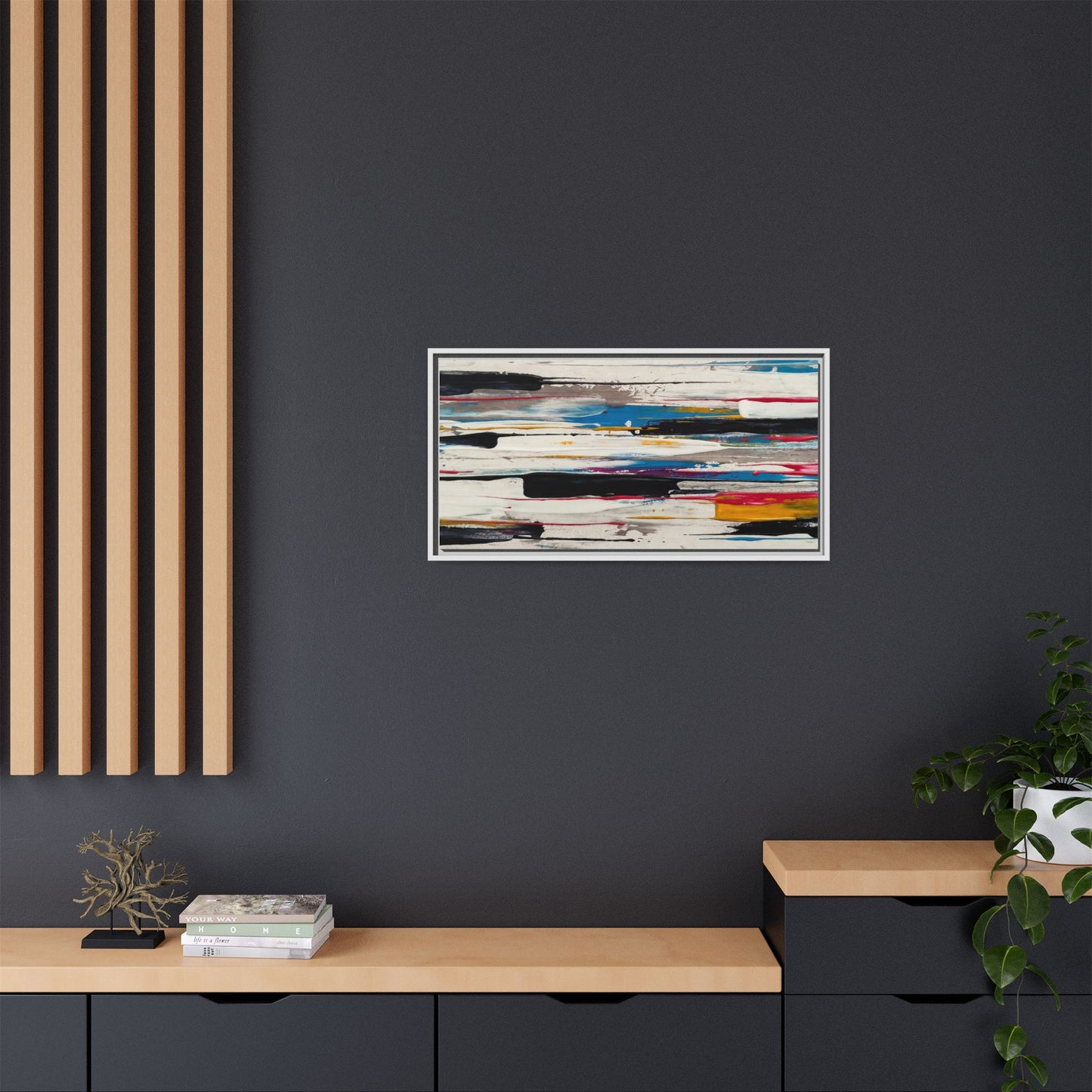 Abstract Multi-Color Framed Canvas Wall Art — Modern Horizontal Brushstroke Print