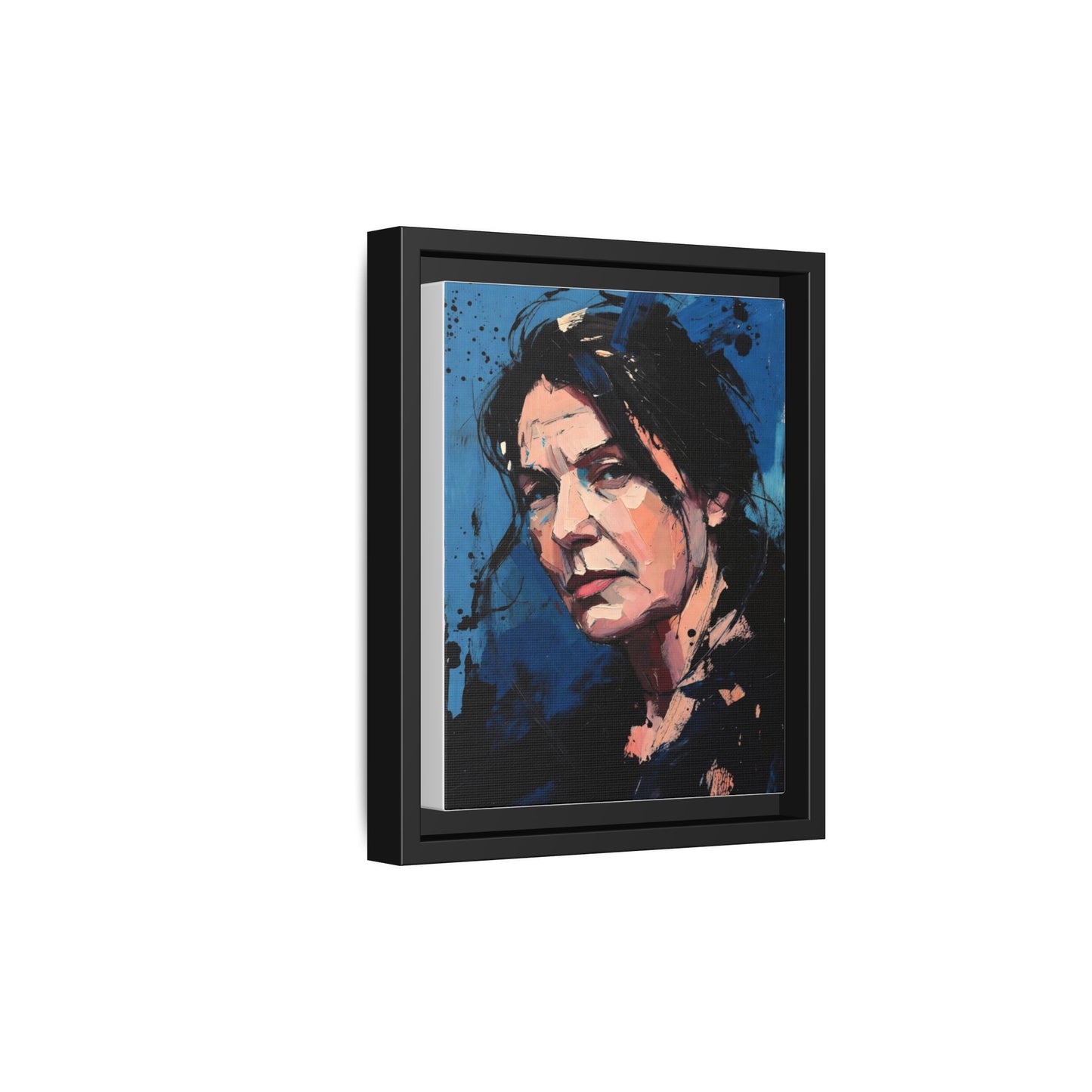 Framed Matte Canvas Portrait — Expressive Blue Painterly Woman Art